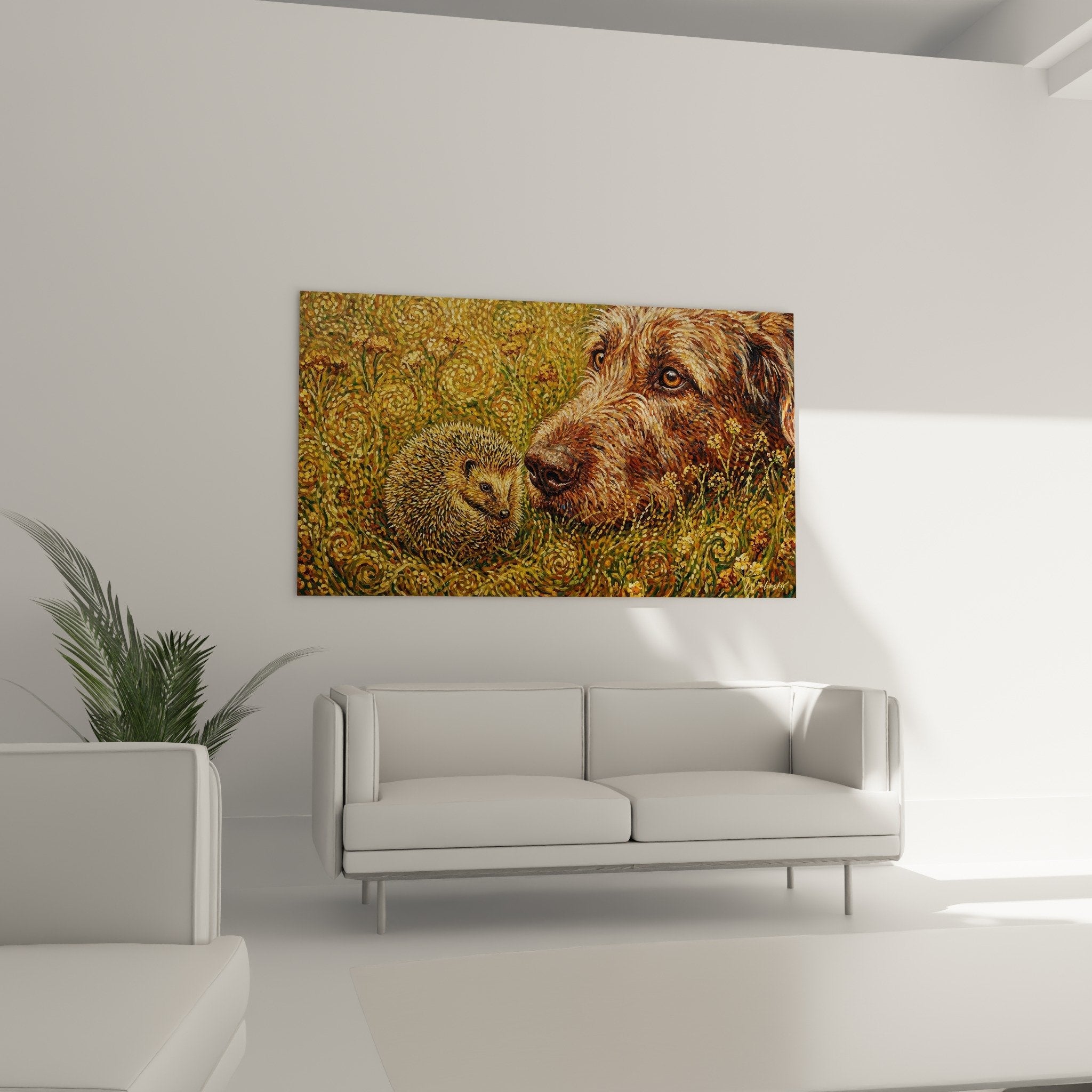 Nahaufnahme des Gemäldes Irish Wolfhound mit bernsteinfarbenem Blick und goldenem stacheligem Igel, reichhaltige Texturen