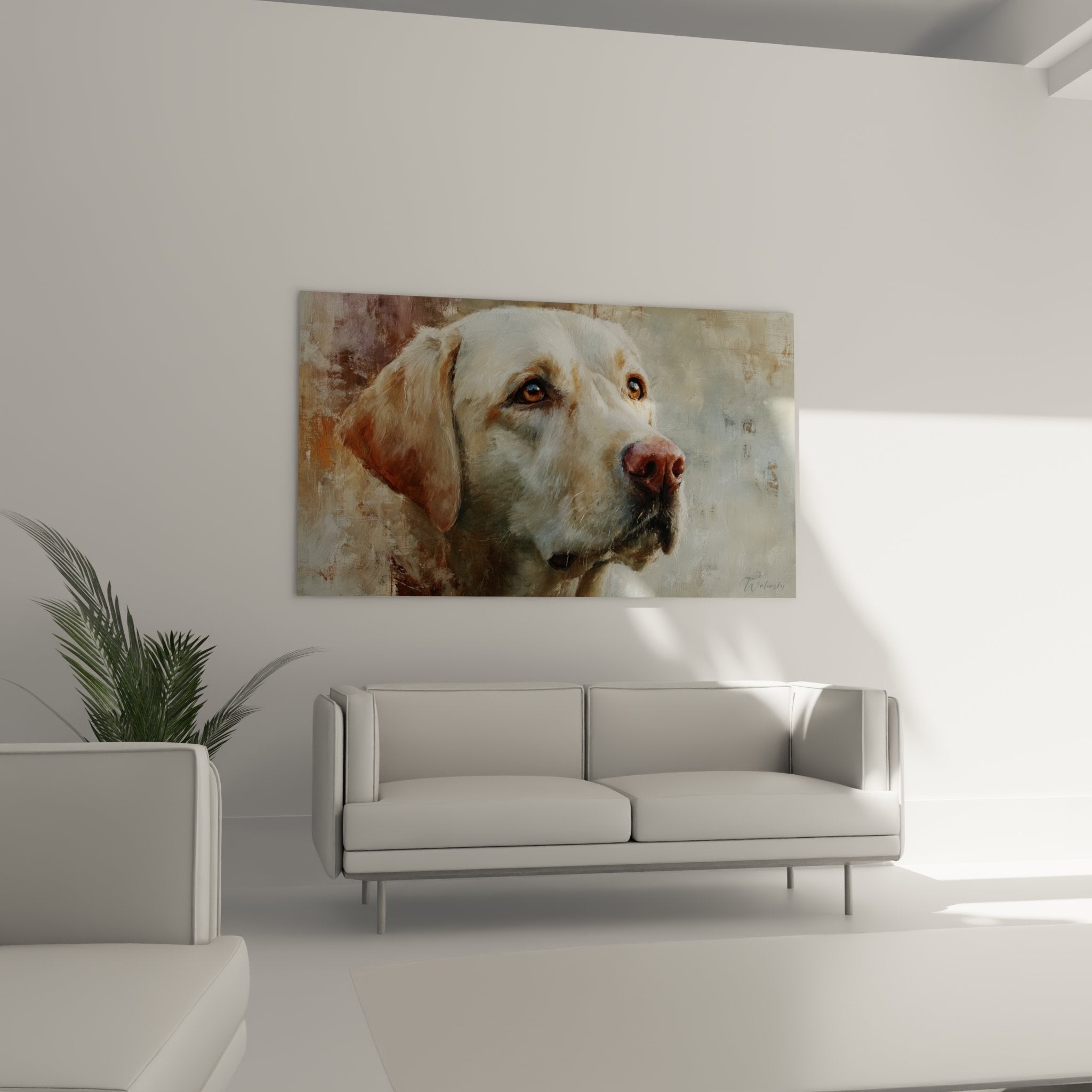 Close-up portrait white Labrador amber eyes pink nose realistic painting artistic texture