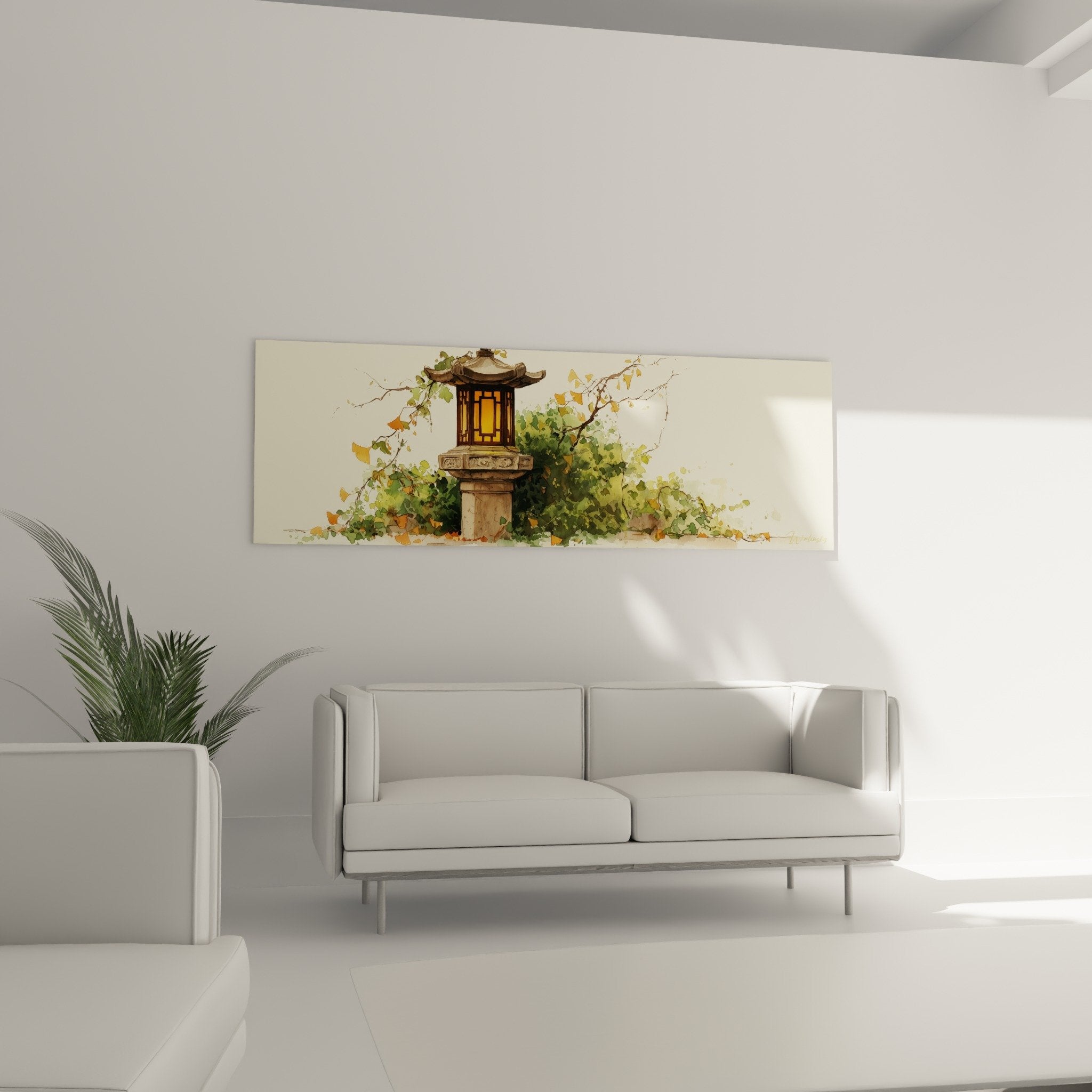 Gros plan tableau lanterne japonaise lumiere doree details feuillages cuivres verts aquarelle