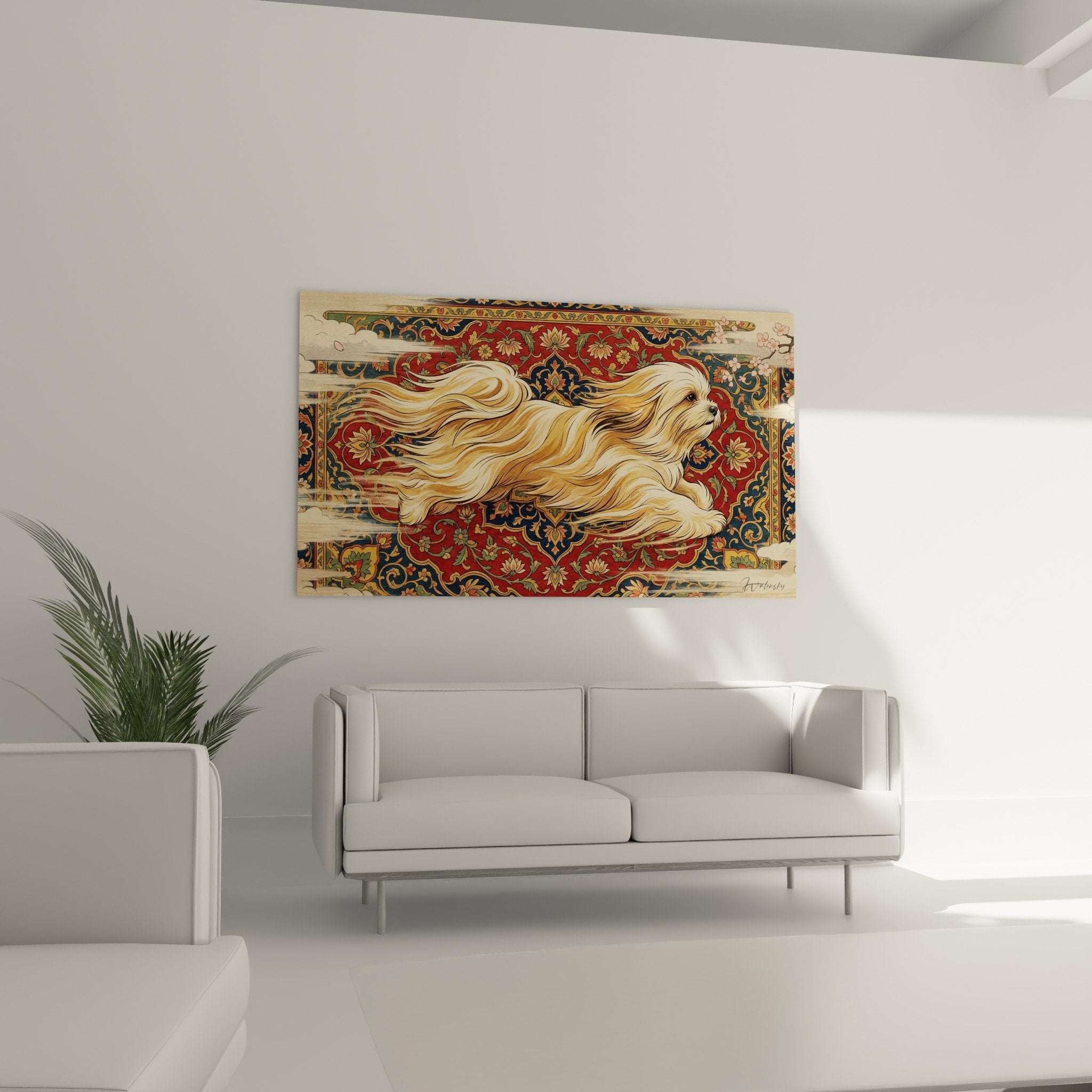 Gros plan tableau chien Lhassa Apso poils longs ondoyants sur motifs persans arabesques dorees