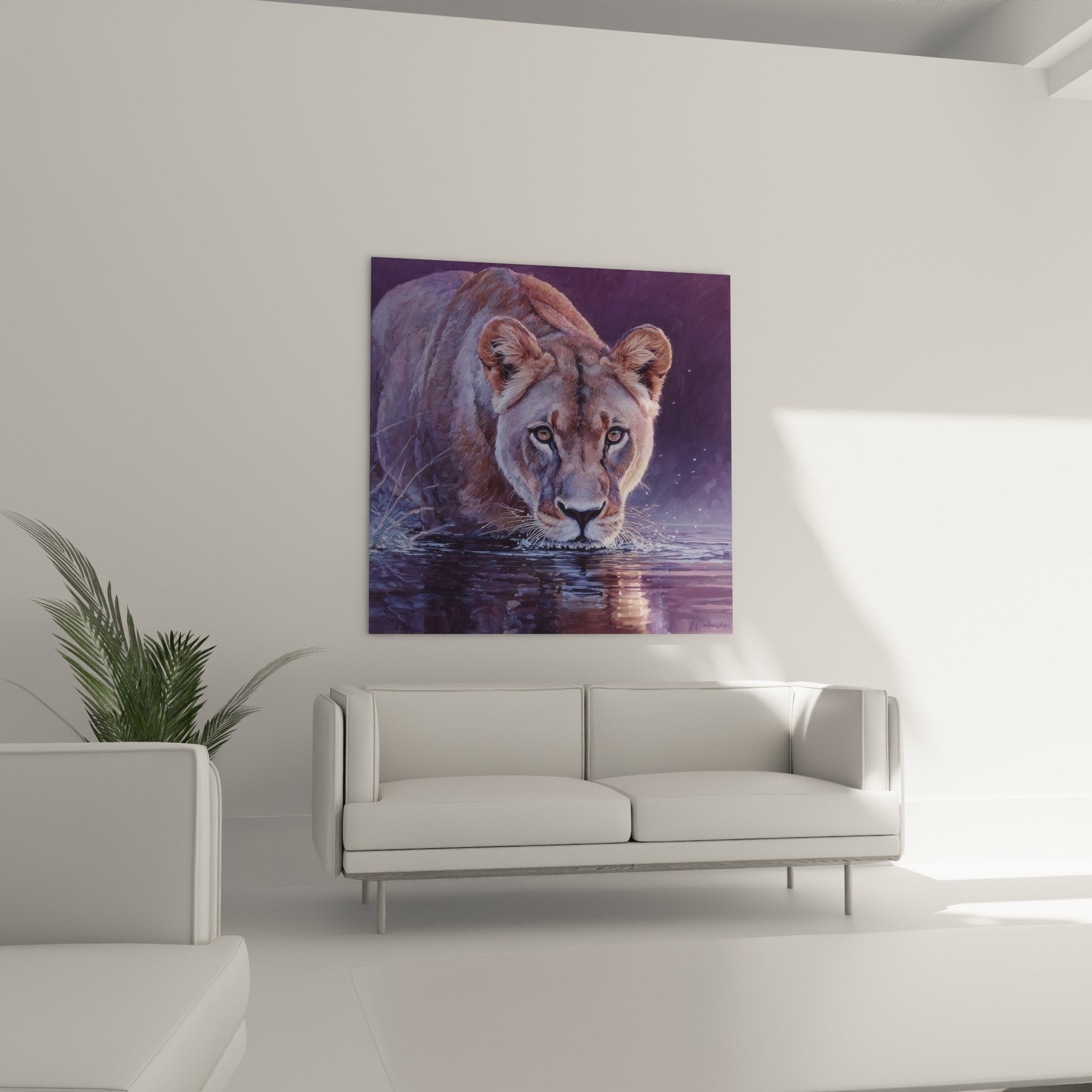 Nahaufnahme Löwe trinkt Wasser intensiver Blick violette goldene Reflexionen ergreifender Realismus