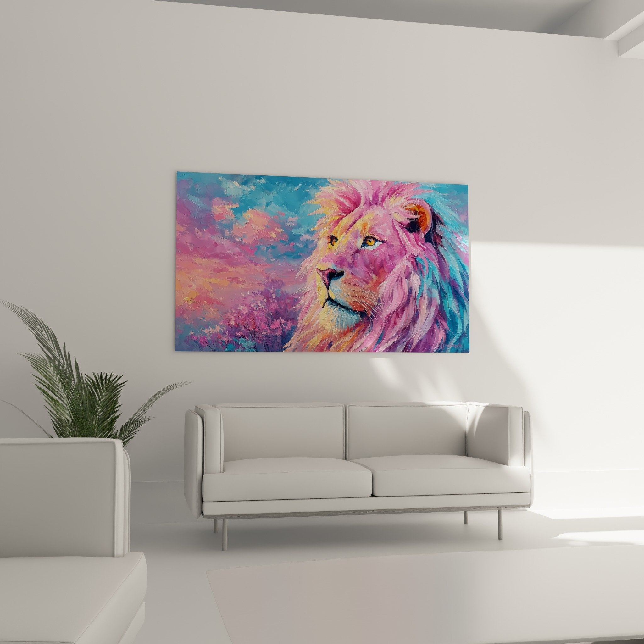 Primo piano ritratto artistico leone colori pastello rosa viola occhi dorati criniera multicolore