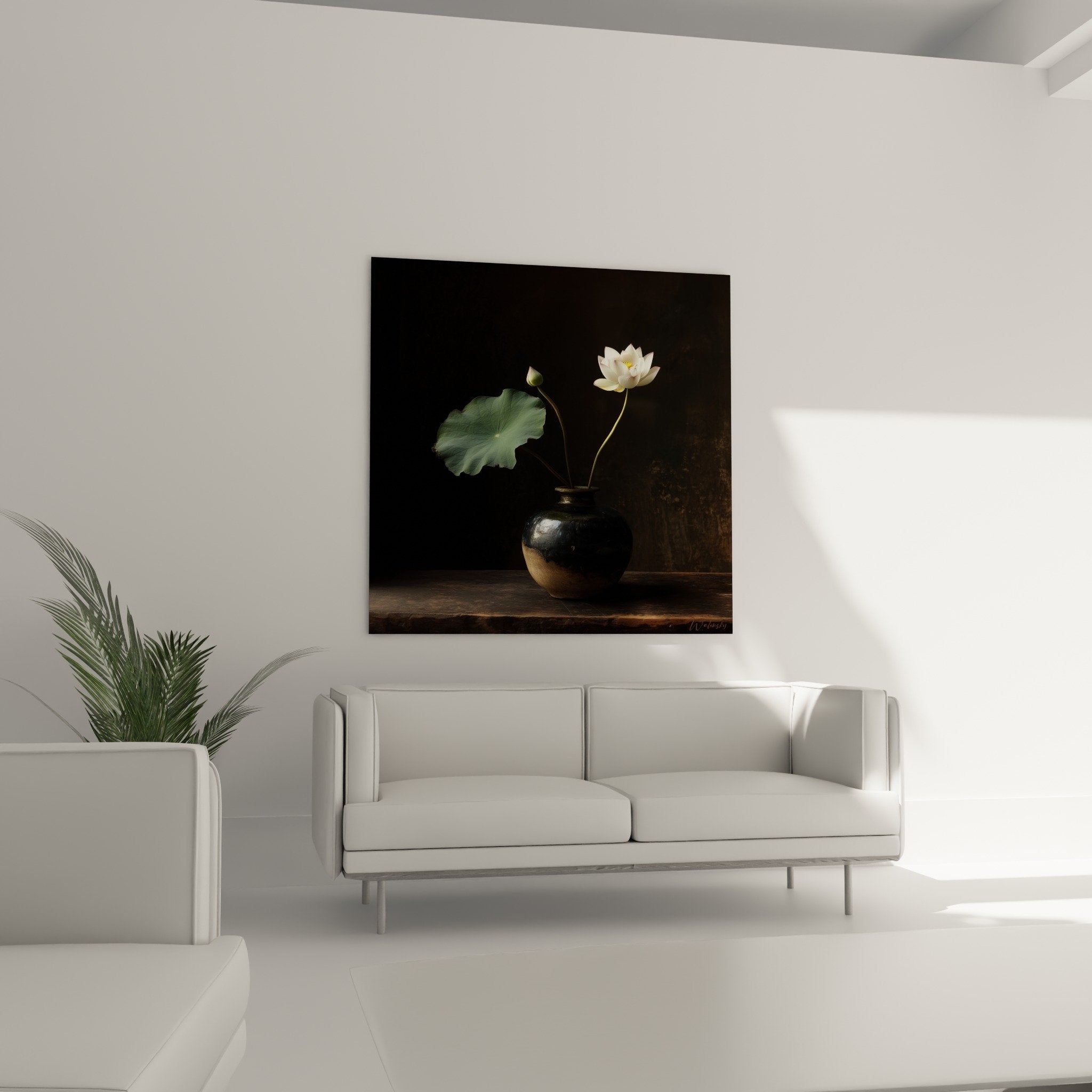 Gros plan sur fleur de lotus blanc aux pétales délicats dans composition florale ikebana minimaliste