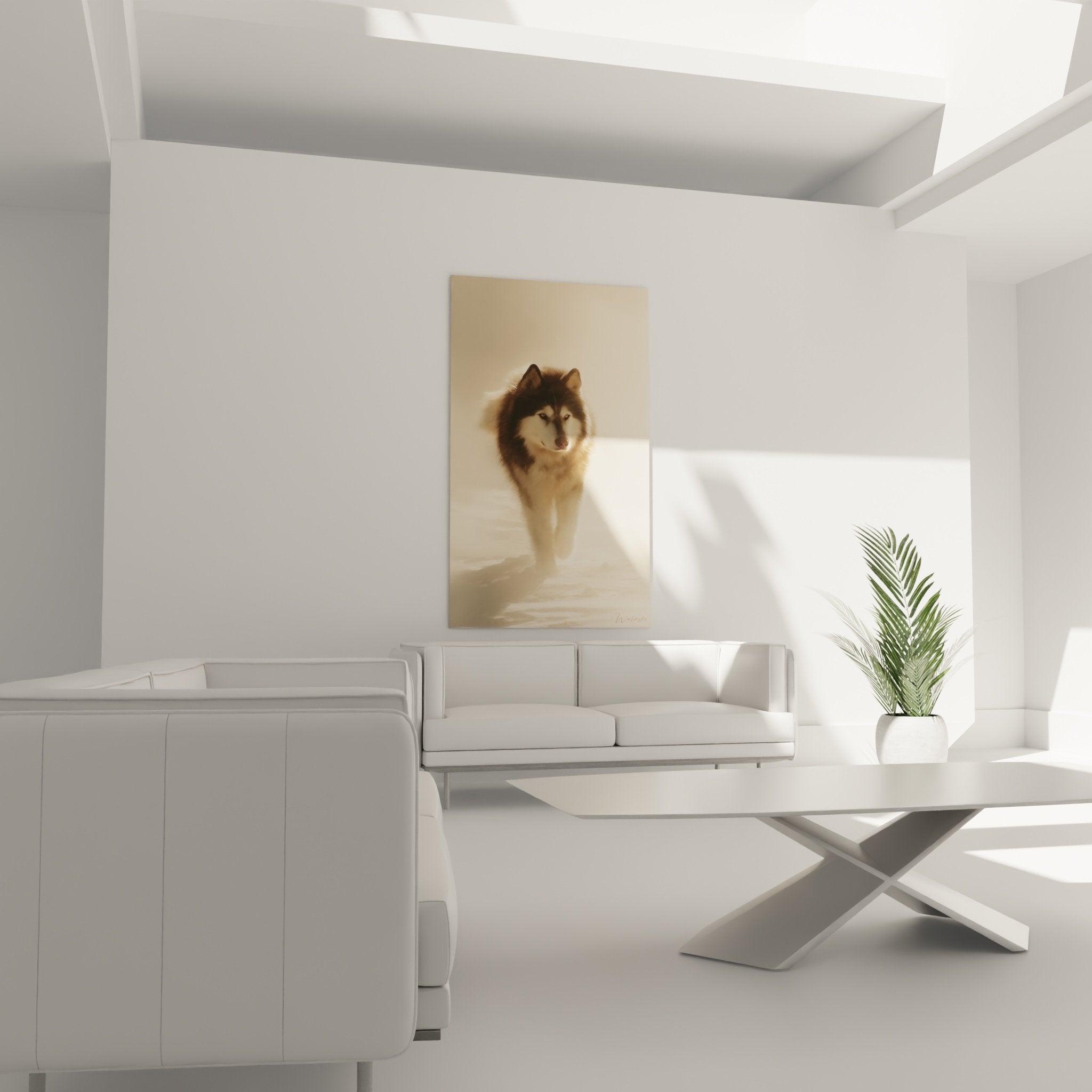 Gros plan du regard perçant du Malamute Alaska avec détails du pelage et nuances de gris dans la brume