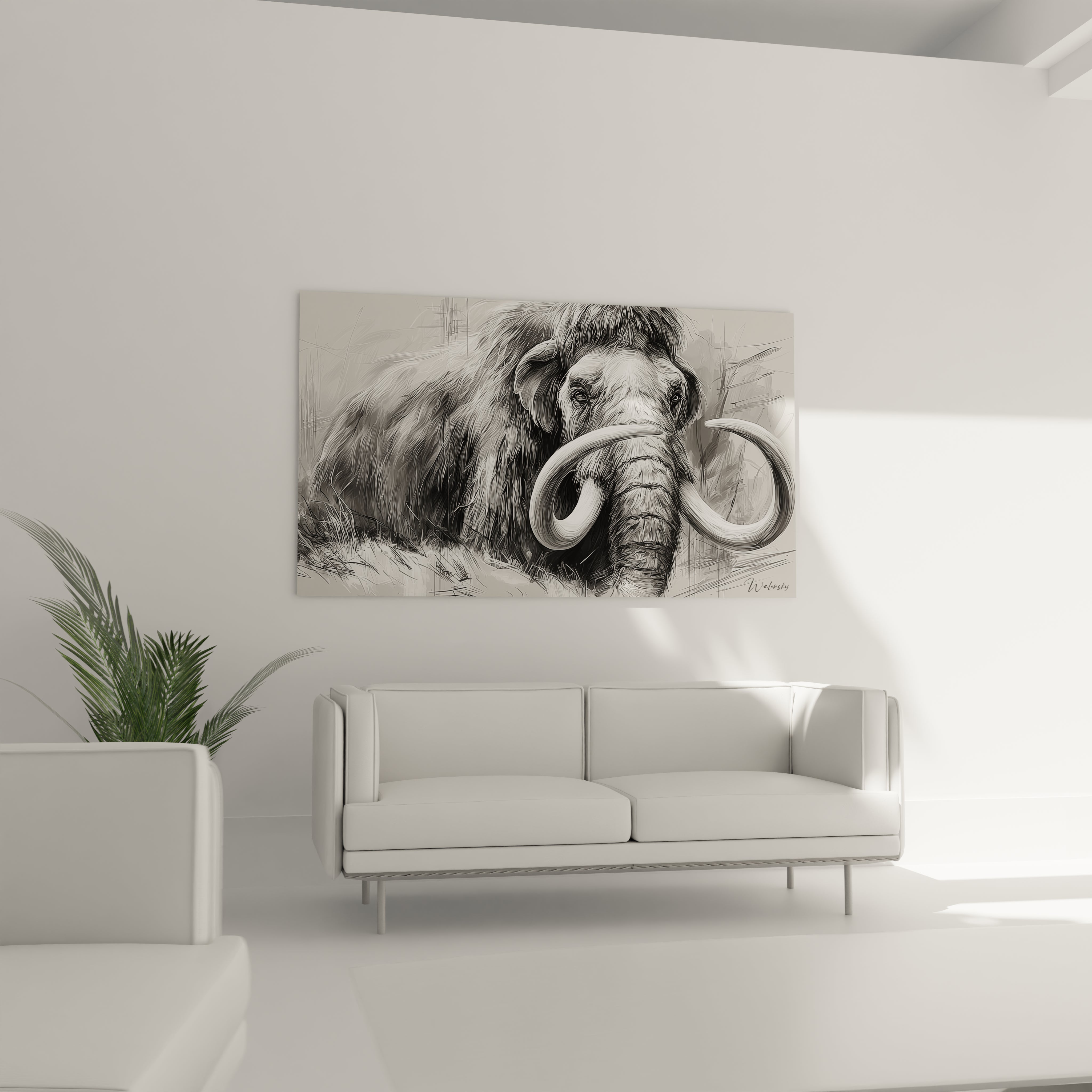 Gros plan détaillé sur défenses et fourrure du mammouth laineux tableau artistique