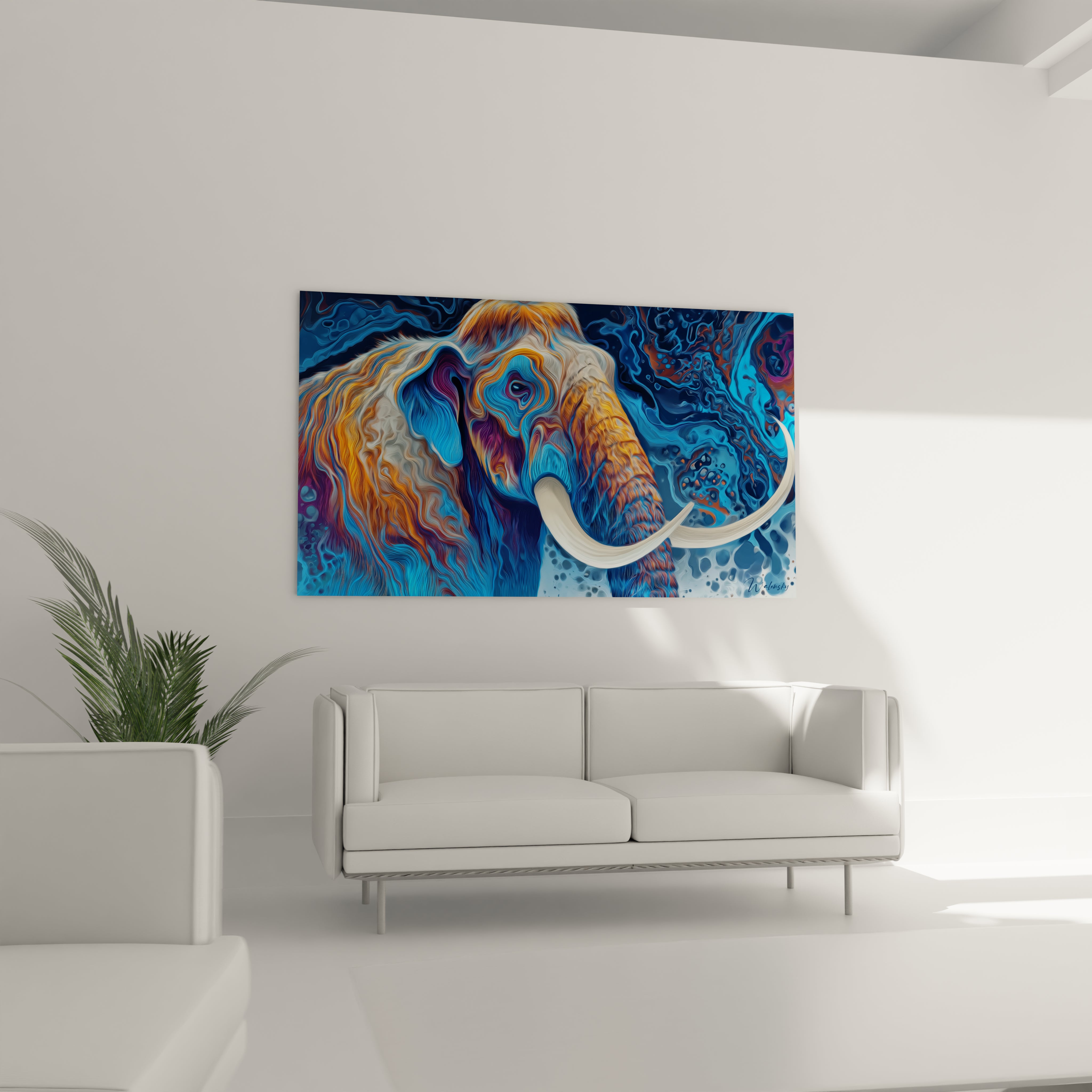 Gros plan tableau mammouth laineux montrant détails tourbillons colorés et défenses ivoire