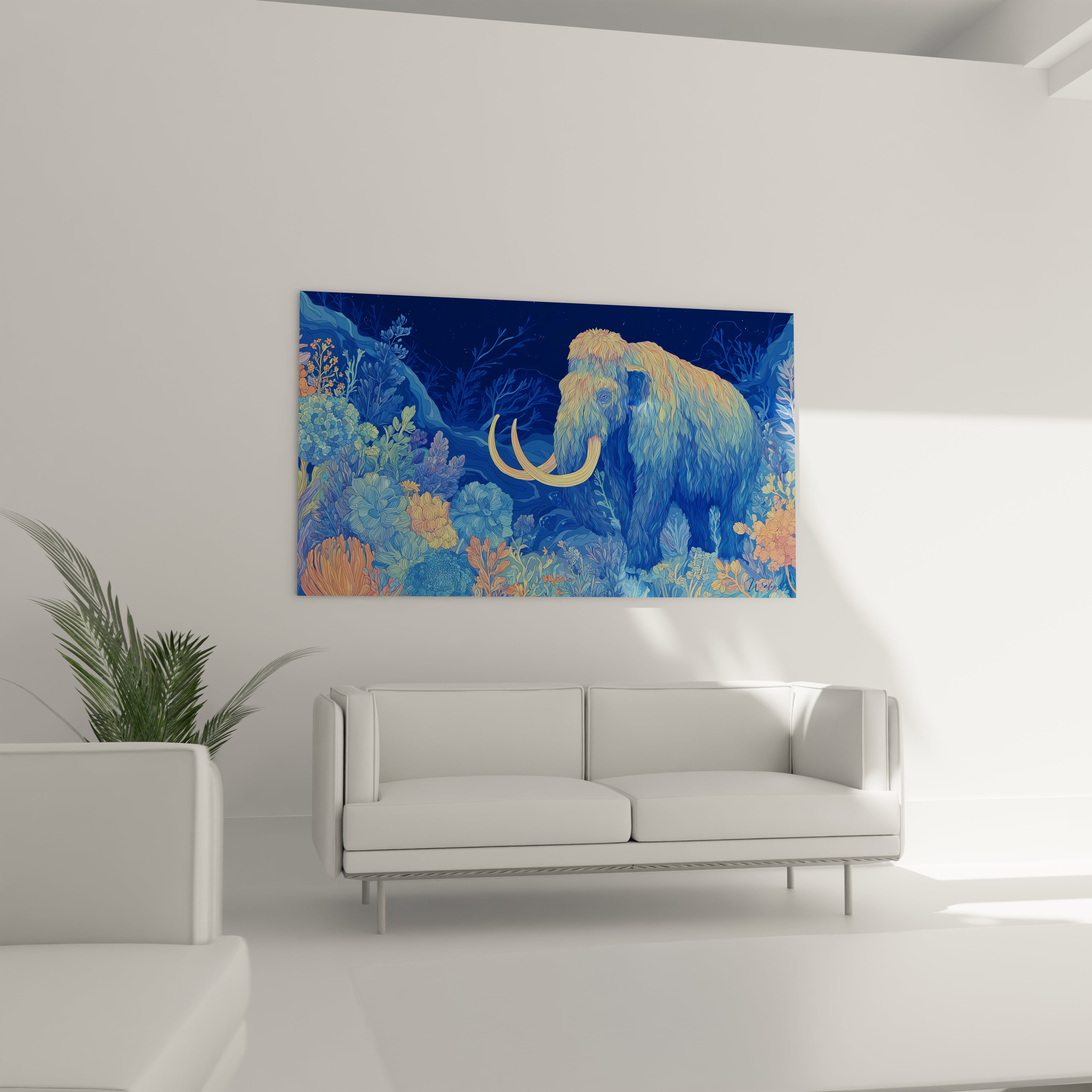 Gros plan détaillé mammouth laineux doré défenses blanches dans végétation florale bleue artistique