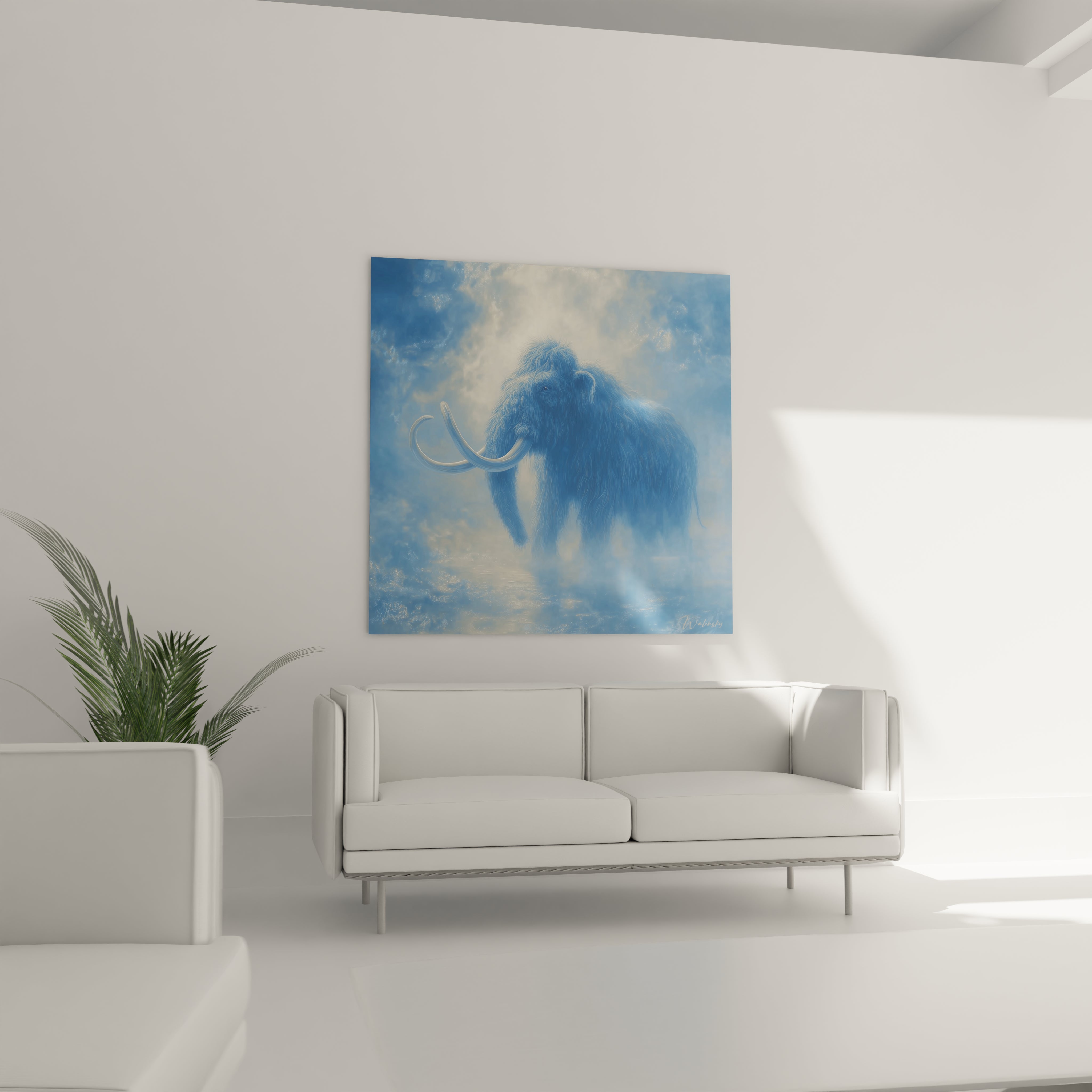 Gros plan tableau mammouth préhistorique aux tons bleus avec détails fourrure laineuse et défenses ivoire