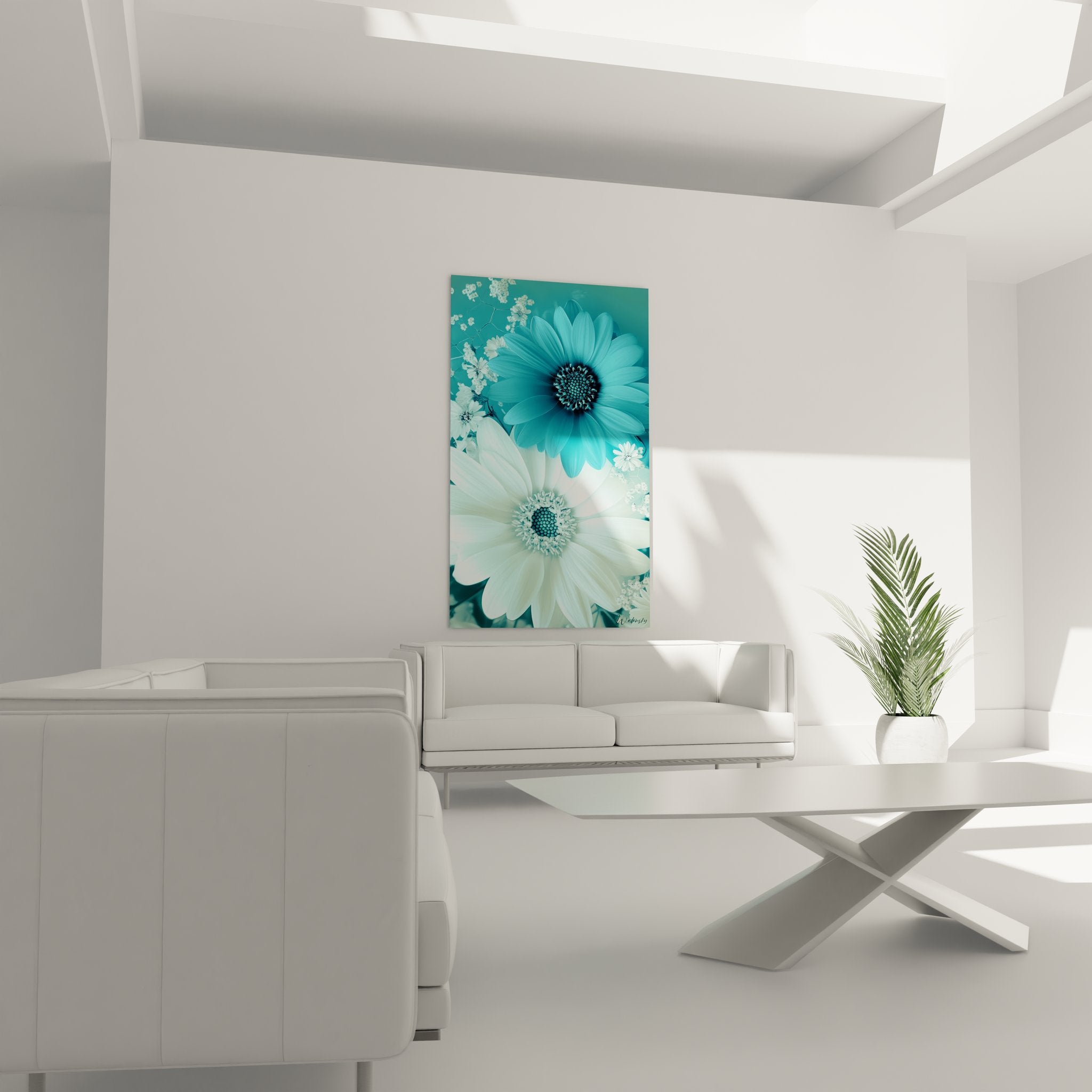 Gros plan détaillé marguerites turquoise texture pétales art floral contemporain haute définition