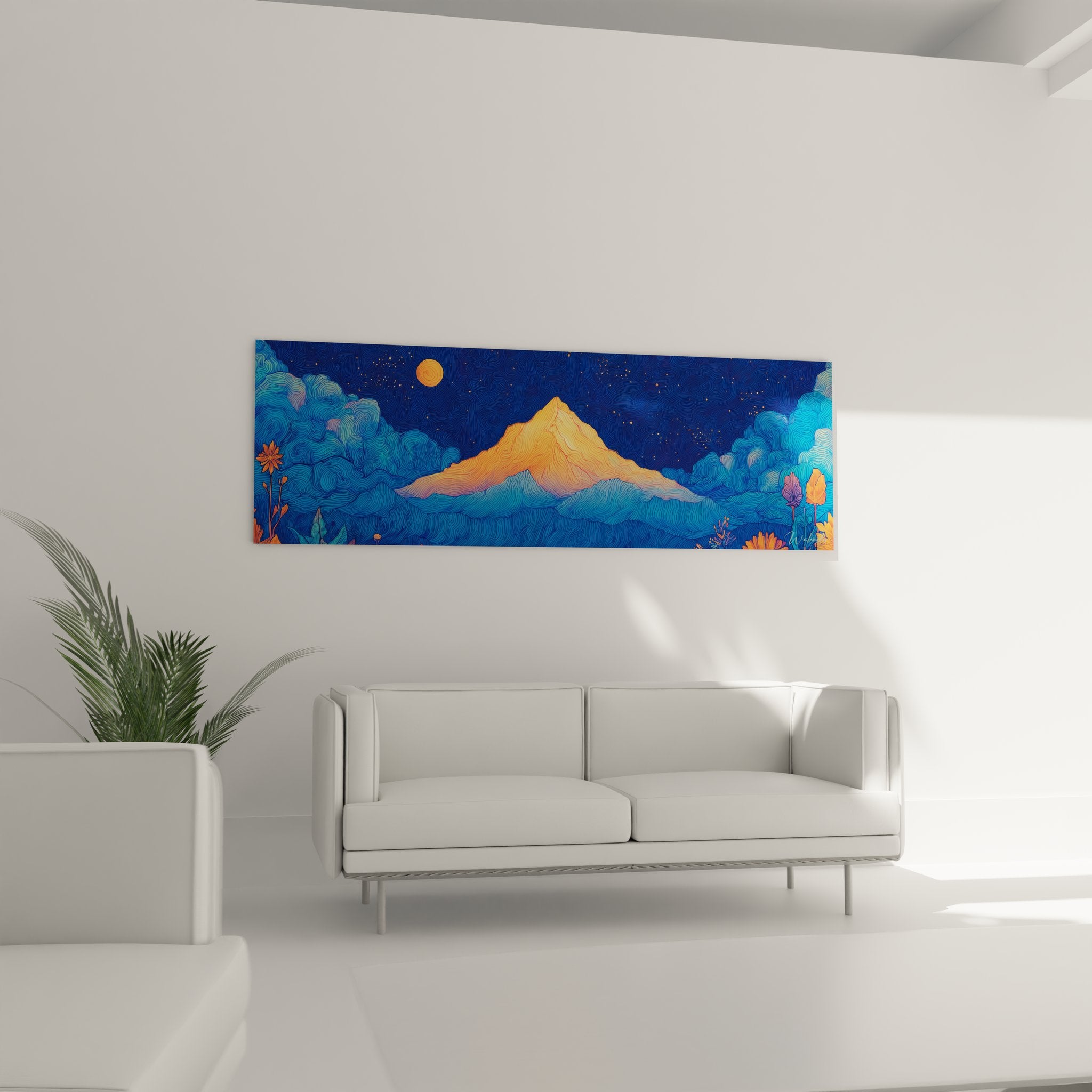 Détail gros plan tableau montagne avec lignes concentriques et palette bleu orange artistique