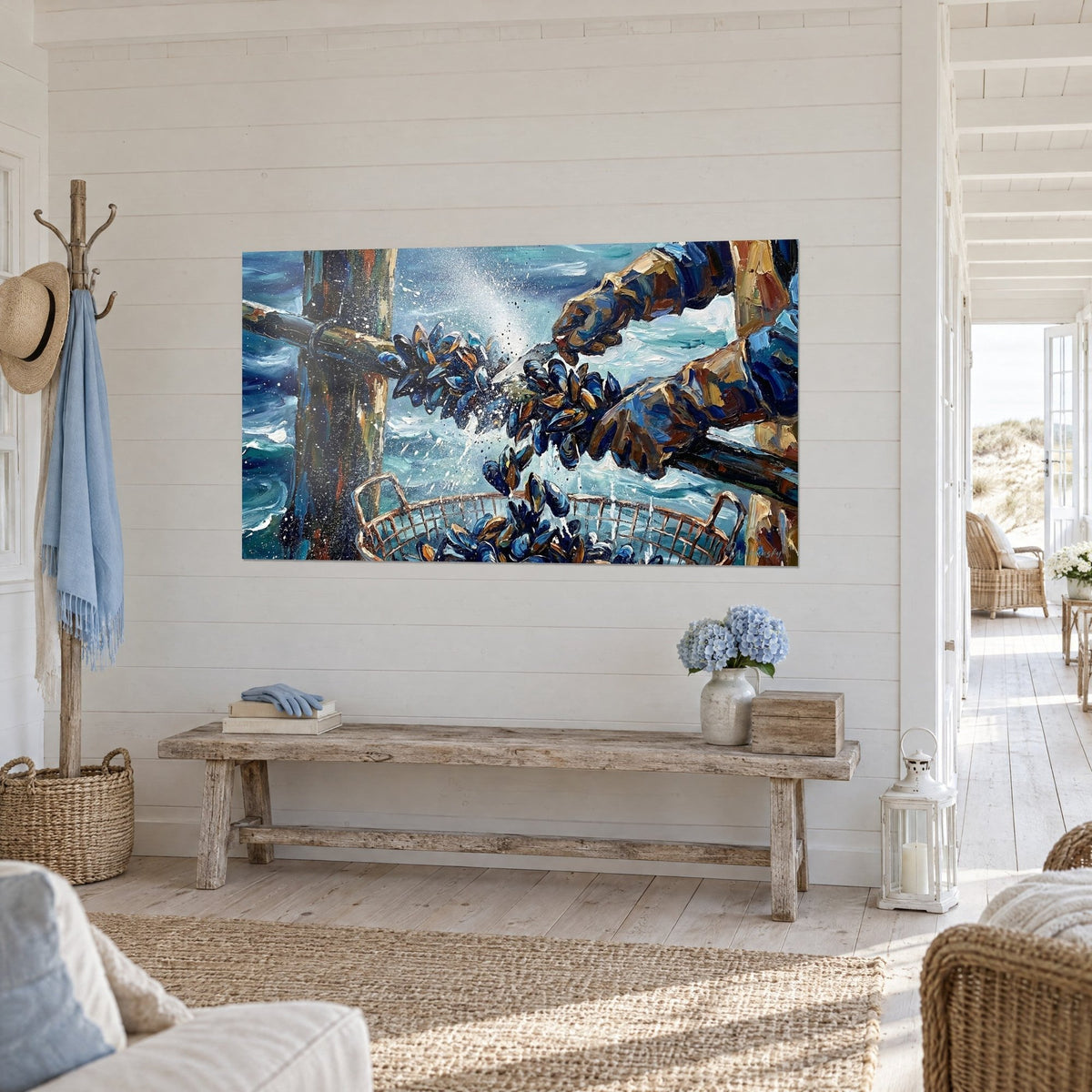 Obraz hodowcy małży w woskowanych rękawicach segregującego małże wśród morskiej piany, turkus i miedziany brąz, wejście nad morzem