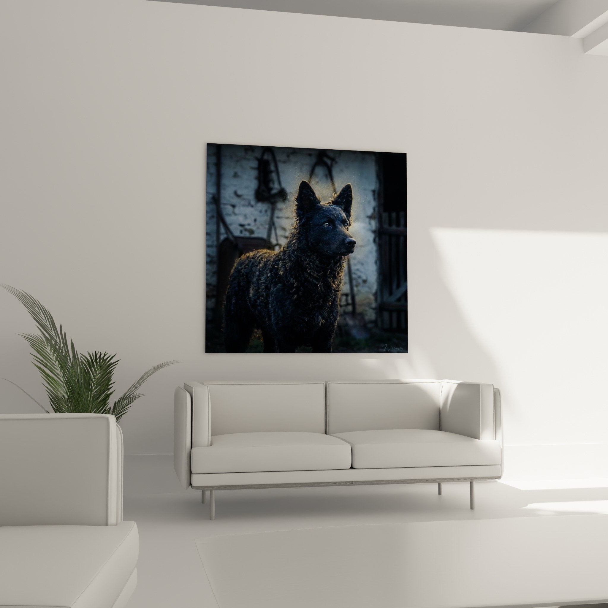 Gros plan détaillé Mudi yeux expressifs pelage noir texture humide portrait animalier haute qualité