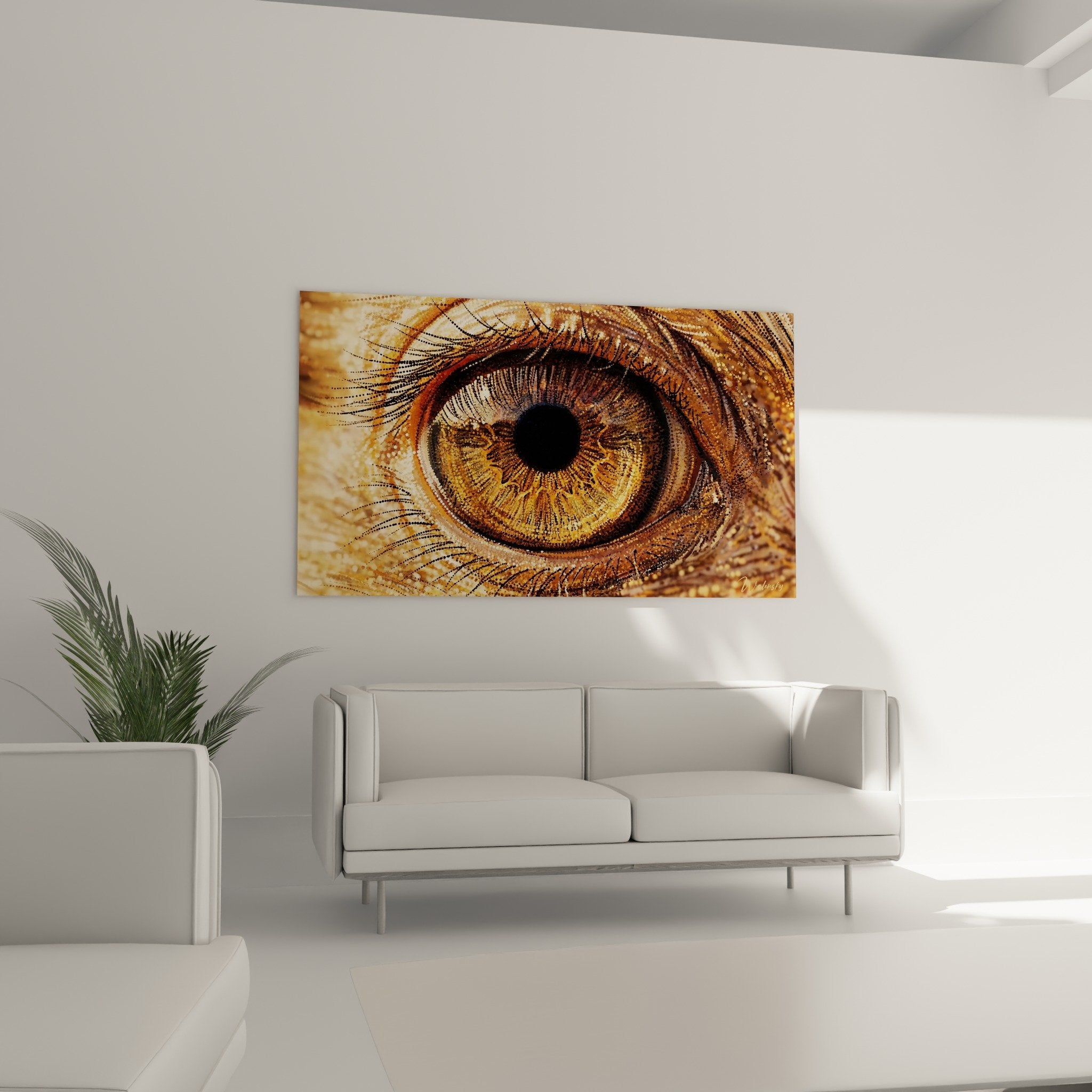 Nahaufnahme Straußenauge goldene Reflexionen detaillierte Iris strukturierte Federn realistische Kunst