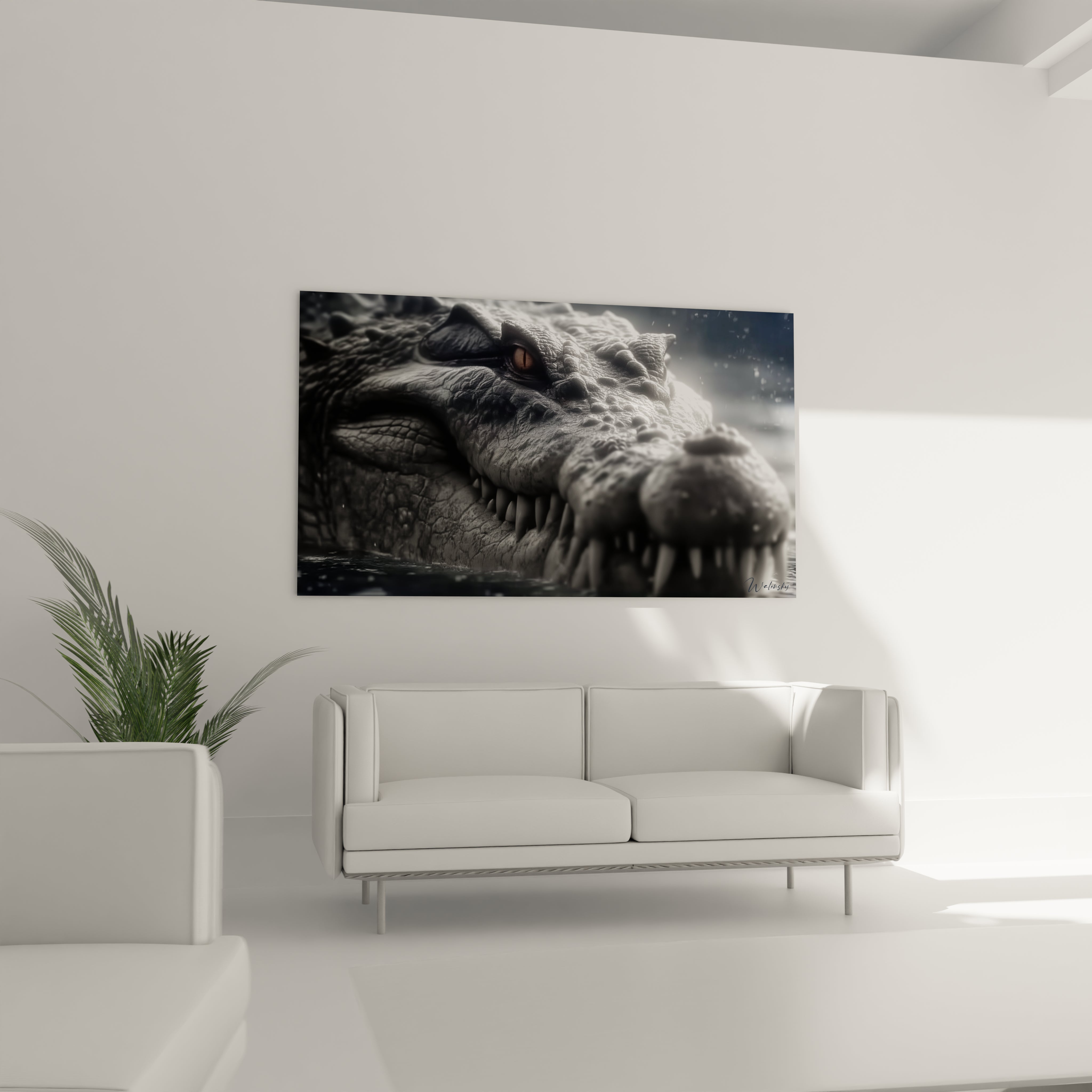 Gros plan œil crocodile Kaprosuchus tableau art mural reptile préhistorique détaillé