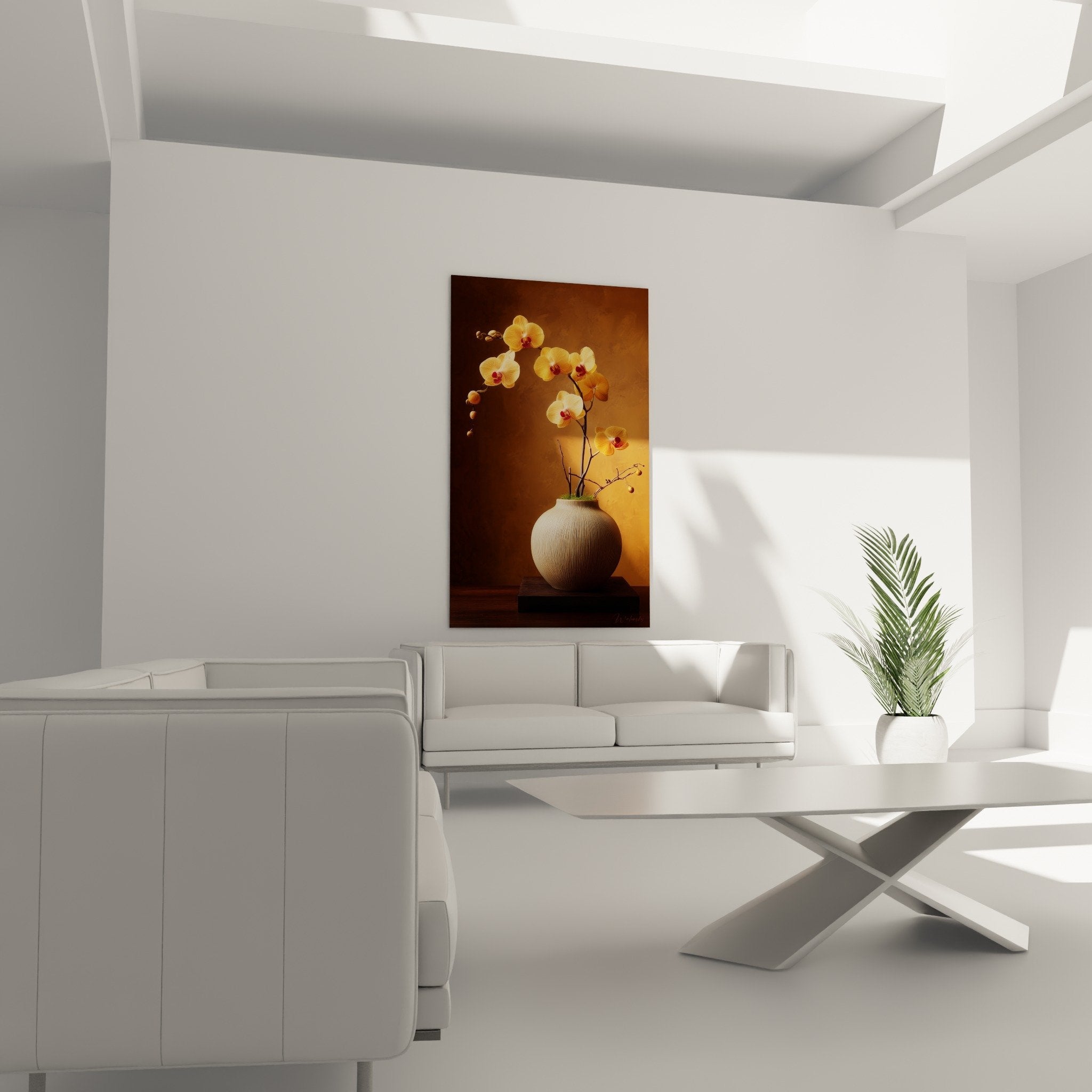 Close-up of golden orchids with delicate petals, striped vase with artisanal texture, amber tones
