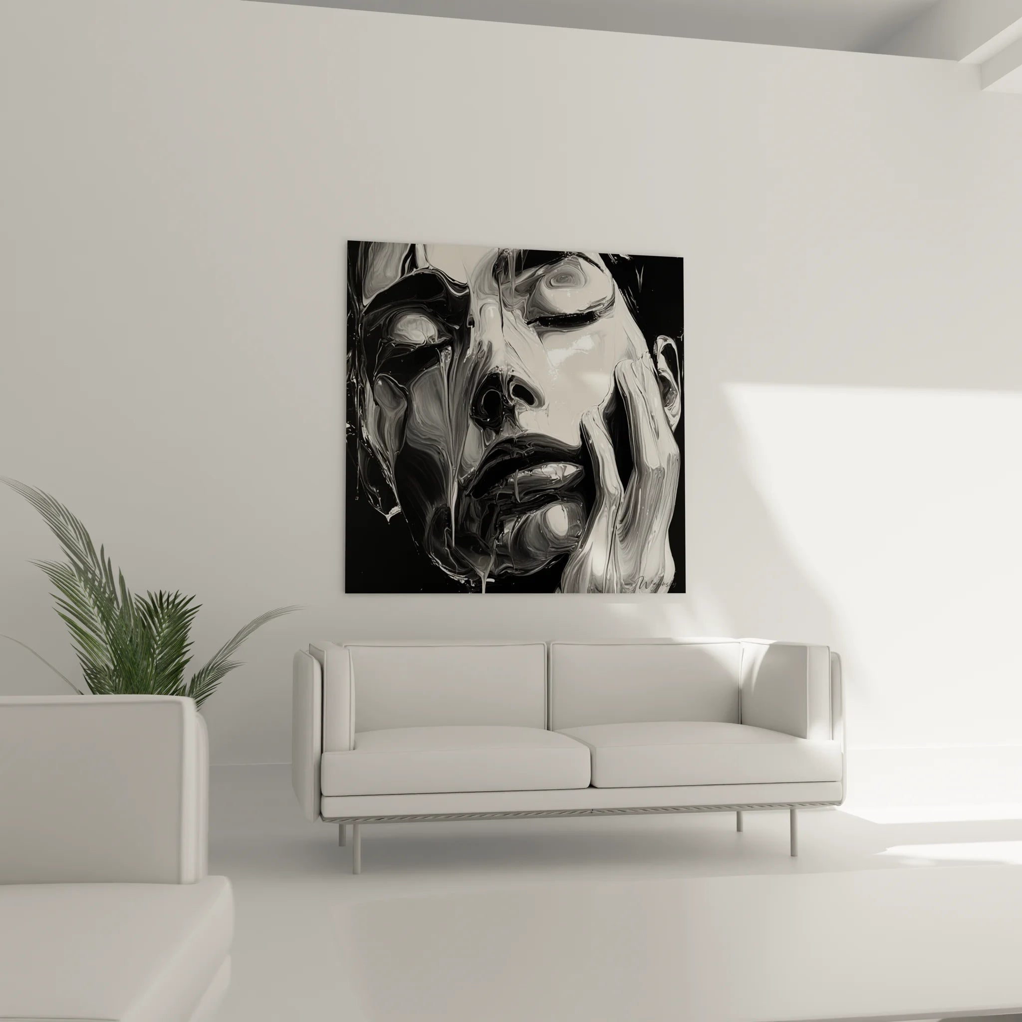 Gros plan tableau peinture abstraite visage femme noir blanc, détails textures fluides artistiques