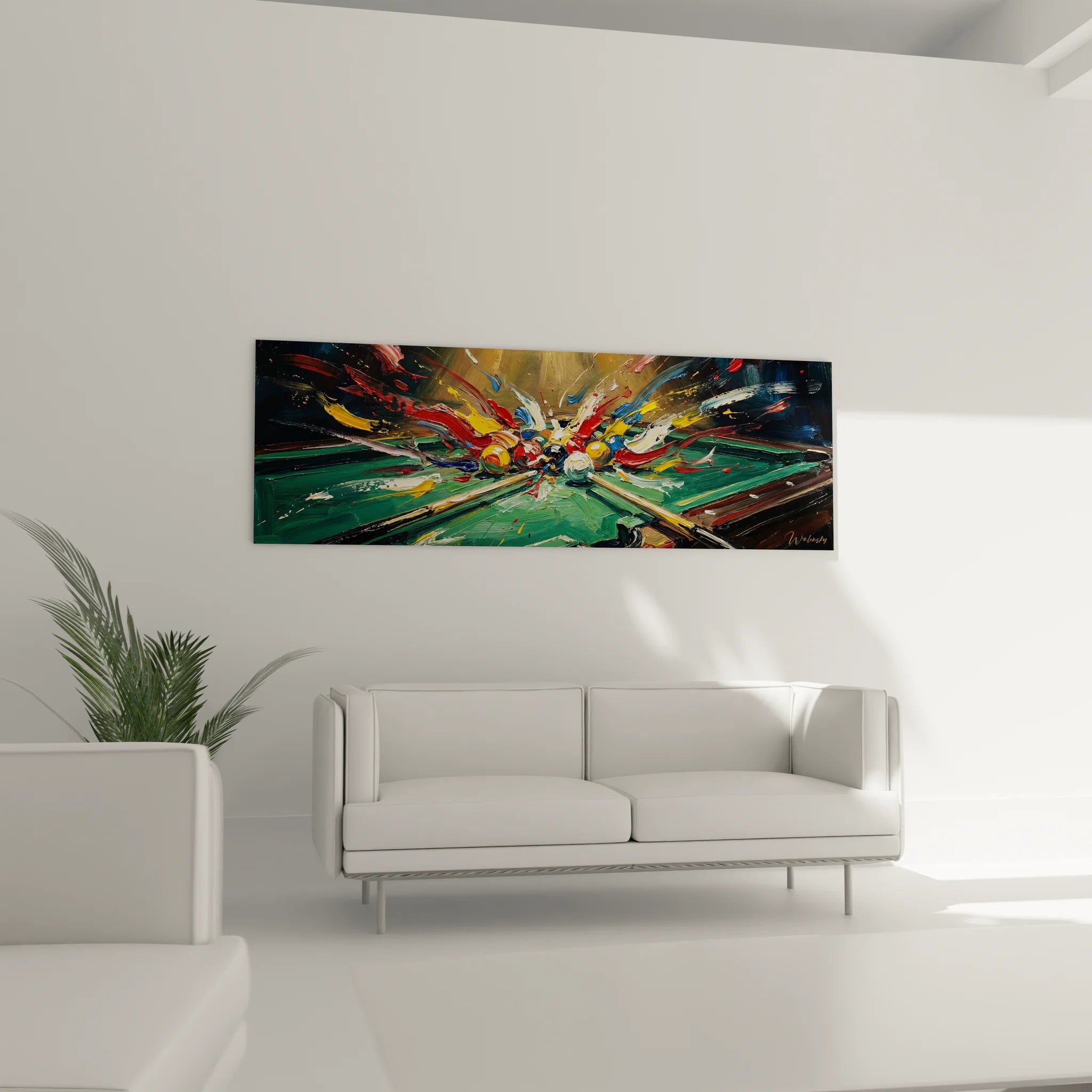 Gros plan tableau billard abstrait montrant détails peinture éclaboussures et boules colorées en mouvement