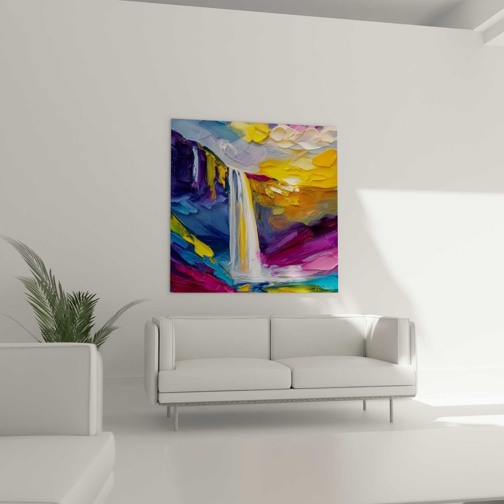 Gros plan texture peinture cascade impressionniste, détails couleurs vibrantes art mural moderne