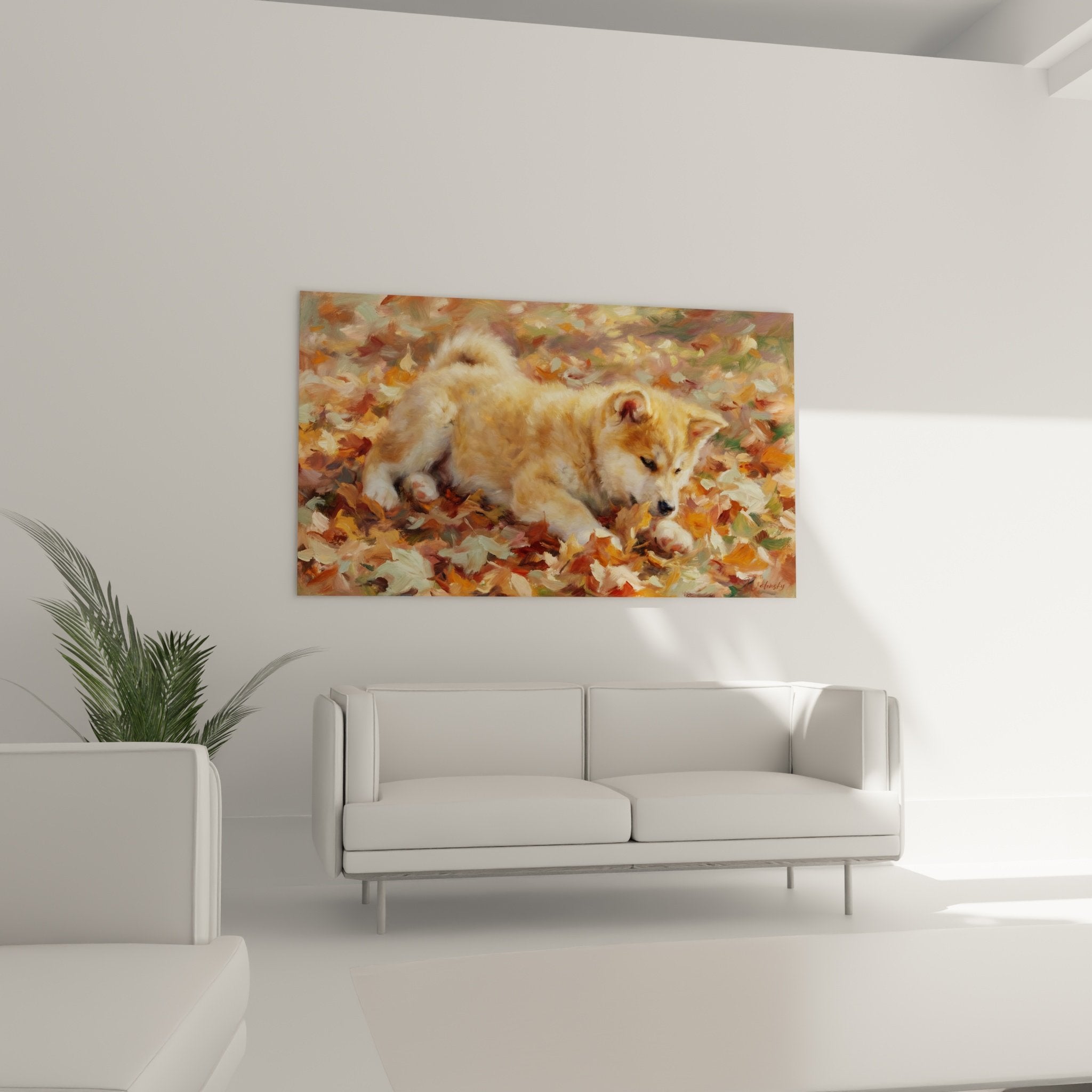 Nahaufnahme impressionistisches Gemälde Akita-Inu-Welpe cremegoldenes Fell Herbstlaubstruktur ausdrucksstarke Pinselstriche