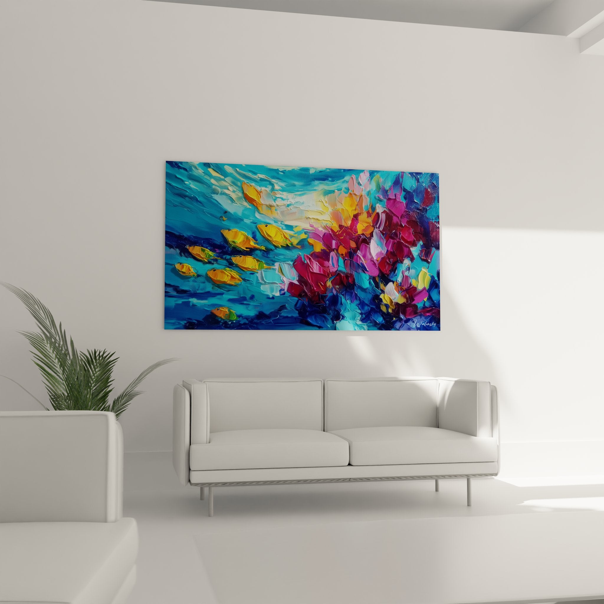 Gros plan peinture corail rose violet et poissons dorés technique empâtement