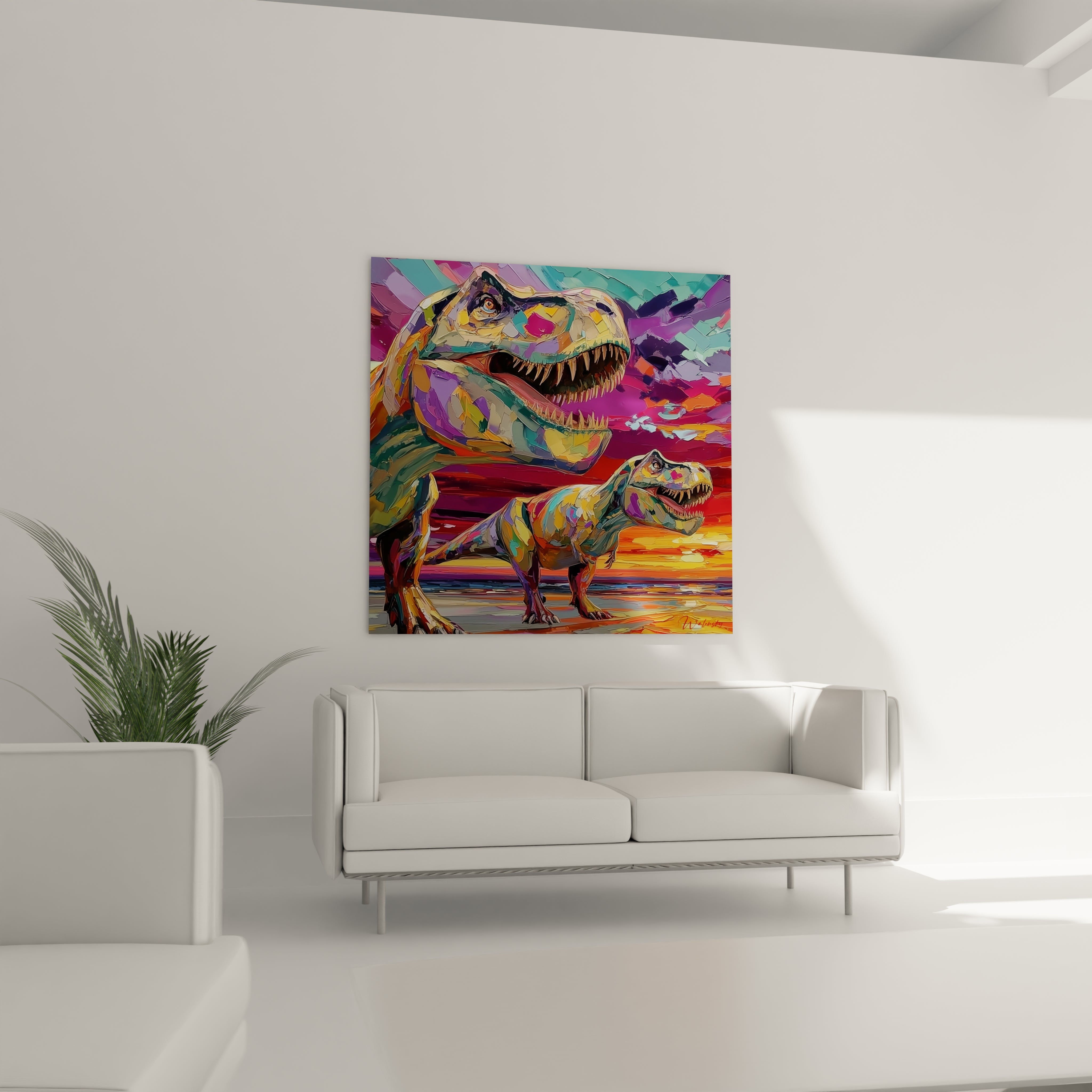 Gros plan tableau dinosaure T-Rex peinture moderne détails couleurs expressives