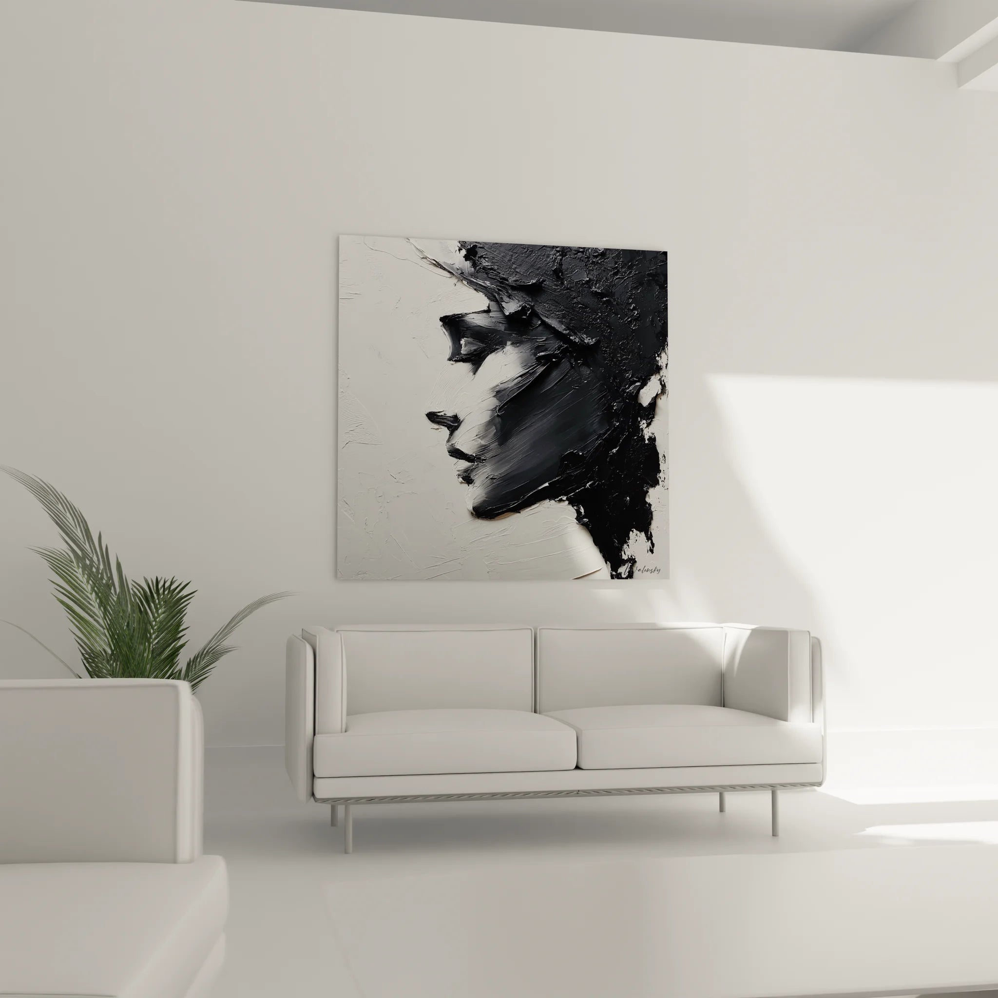 Gros plan texture peinture épaisse tableau femme profil expressionniste noir et blanc