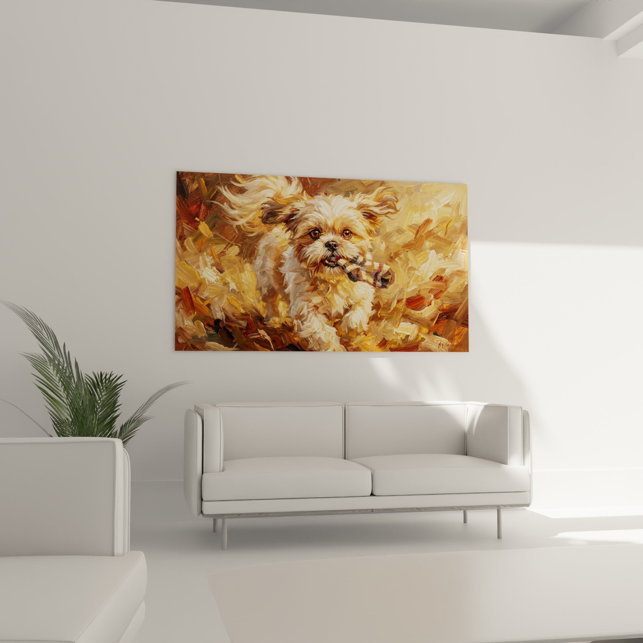 Primo piano dipinto Shih Tzu, dettagli del morbido mantello in toni dorati, occhi ambrati espressivi, giocattolo rigato