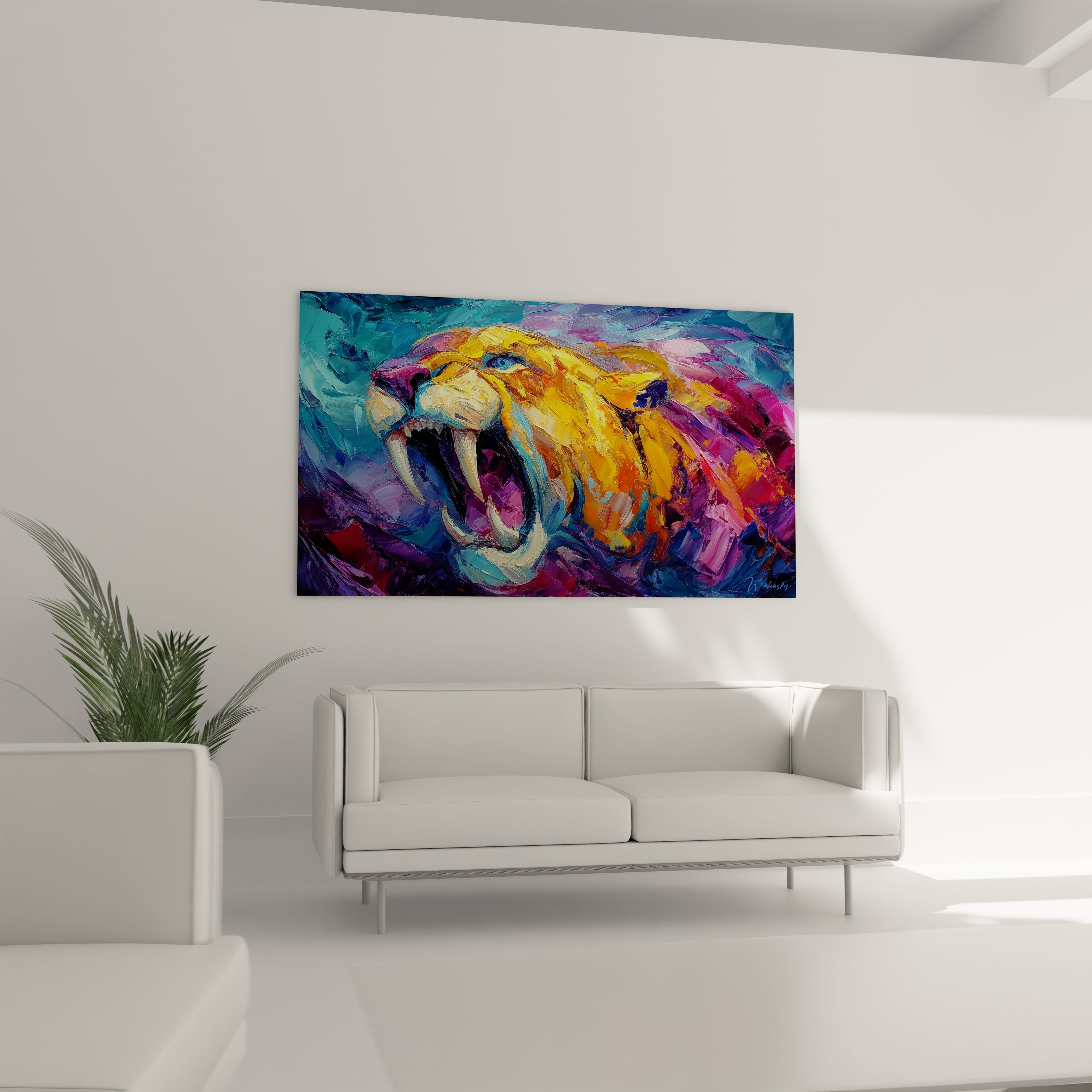 Gros plan peinture smilodon, détails canines tigre à dent de sabre, texture artistique expressionniste