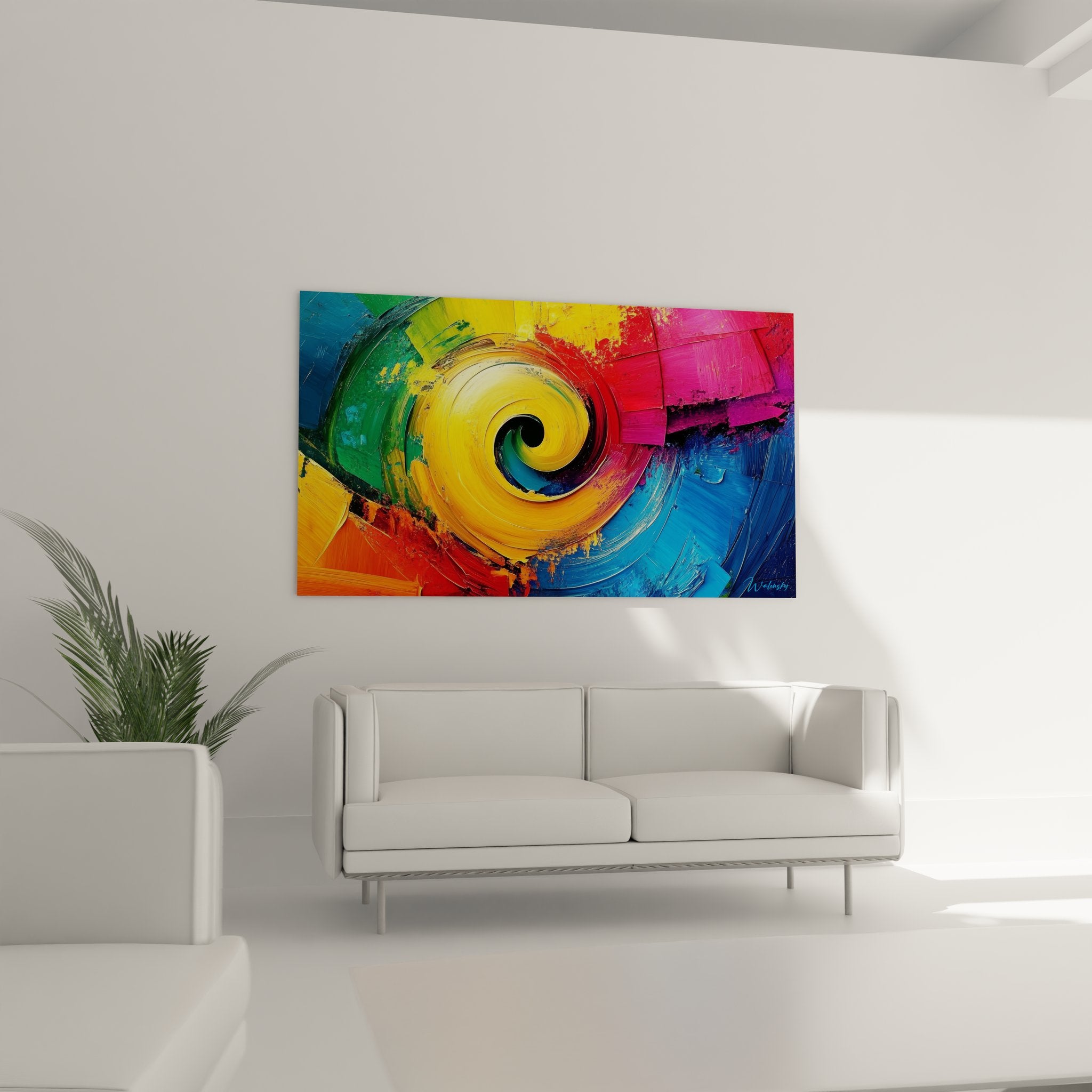 Gros plan détaillé peinture spirale colorée montrant texture et dégradés chromatiques vifs