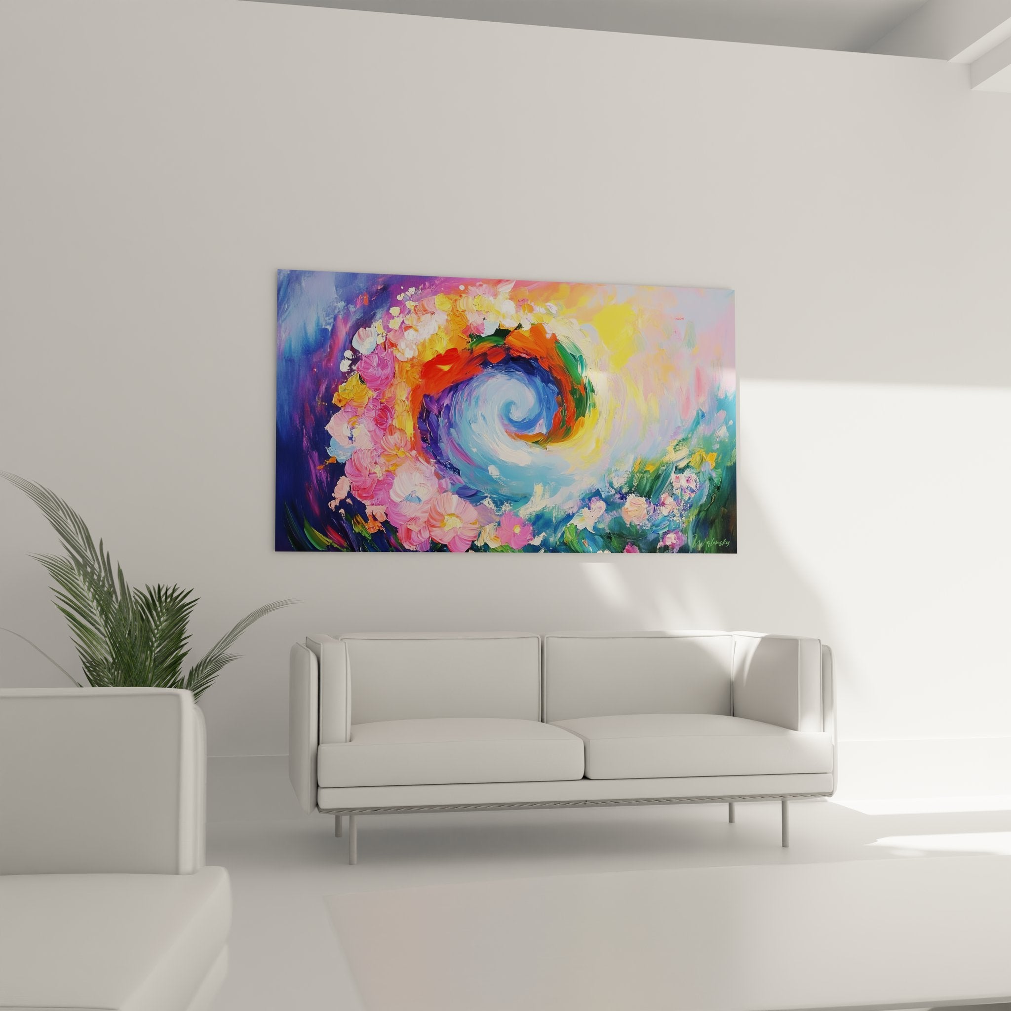 Gros plan peinture abstraite spirale montrant texture des fleurs roses et détails tourbillon coloré