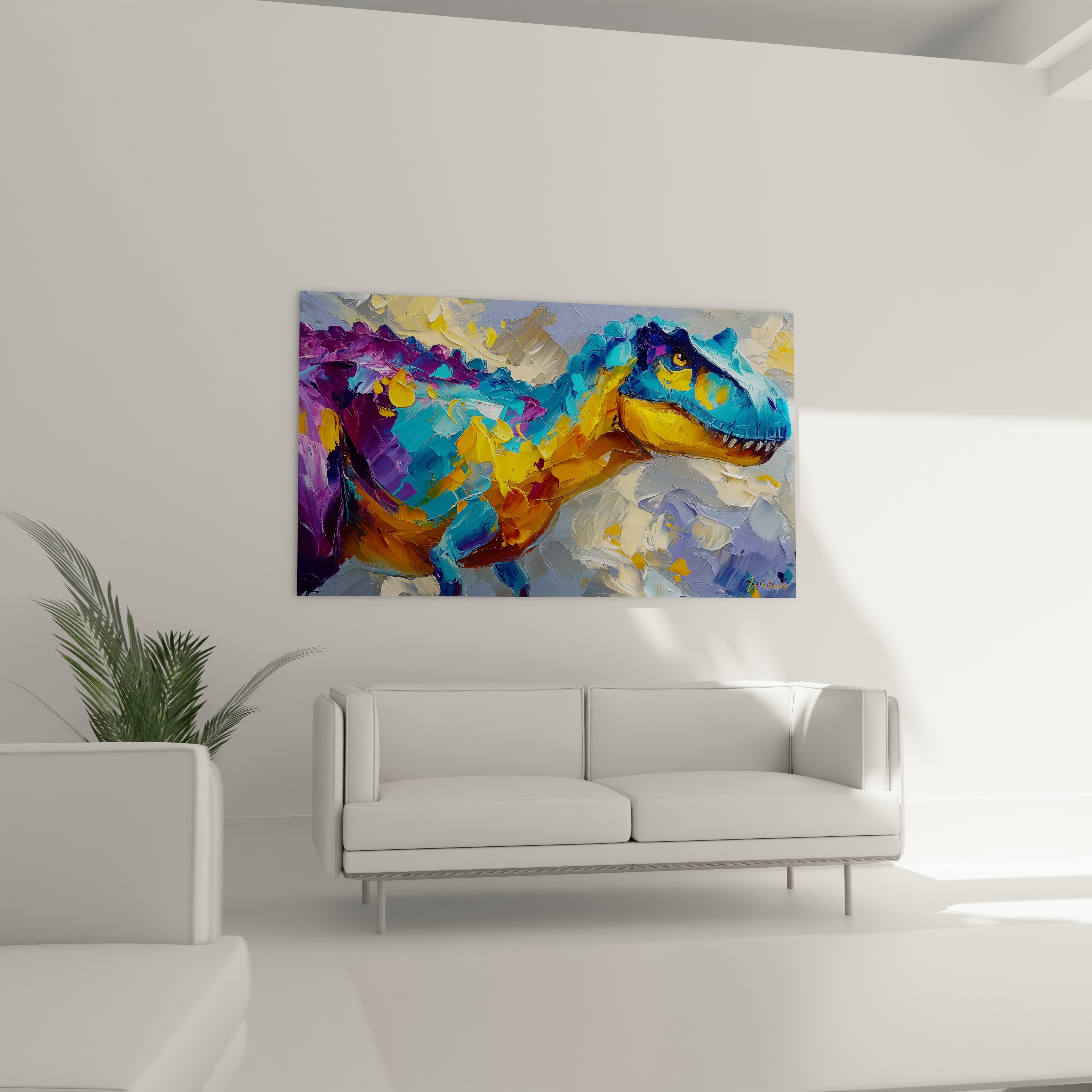 Gros plan peinture T-Rex abstraite couleurs vives détails artistiques dinosaure