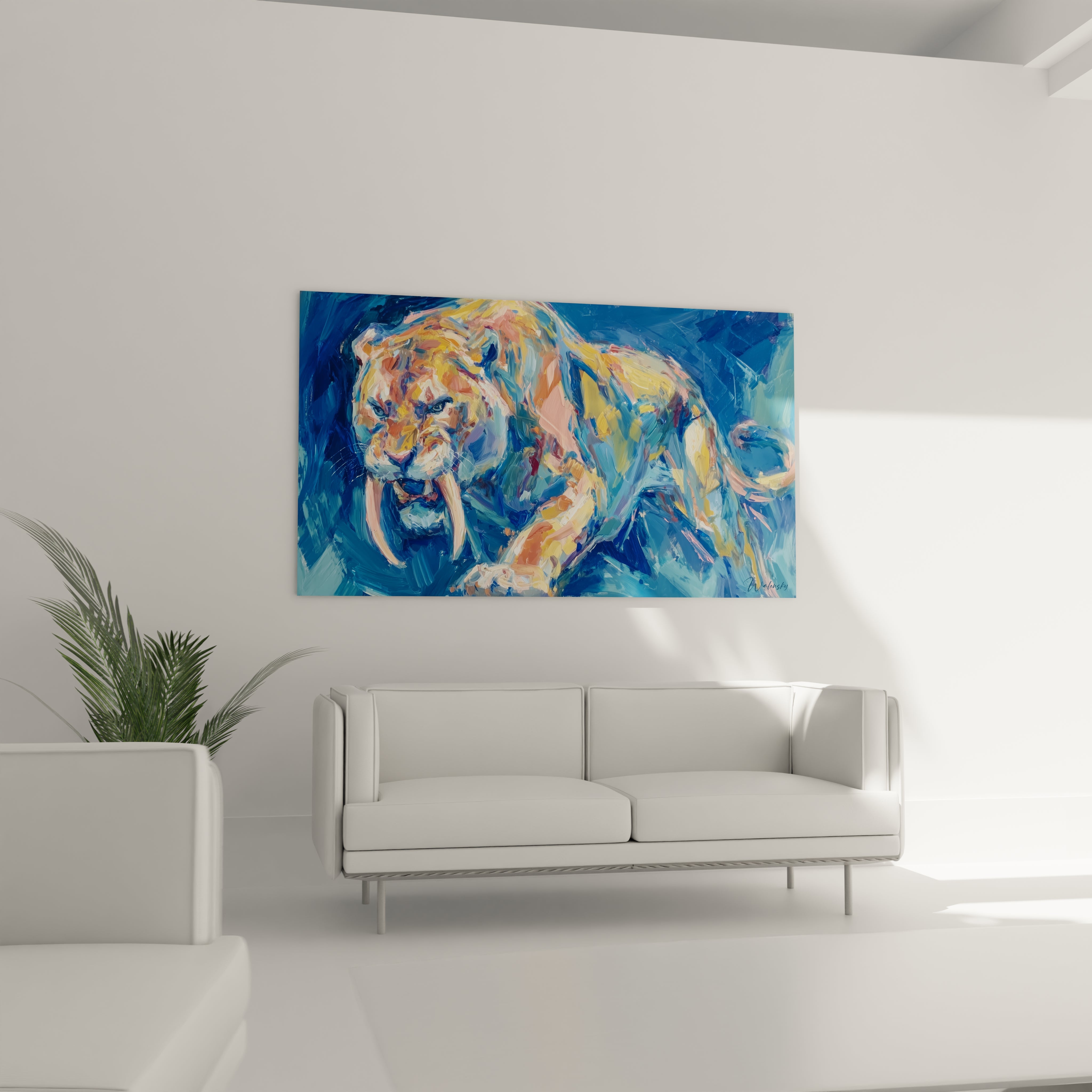 Gros plan peinture tigre à dents de sabre détails coups pinceau texture huile artistique