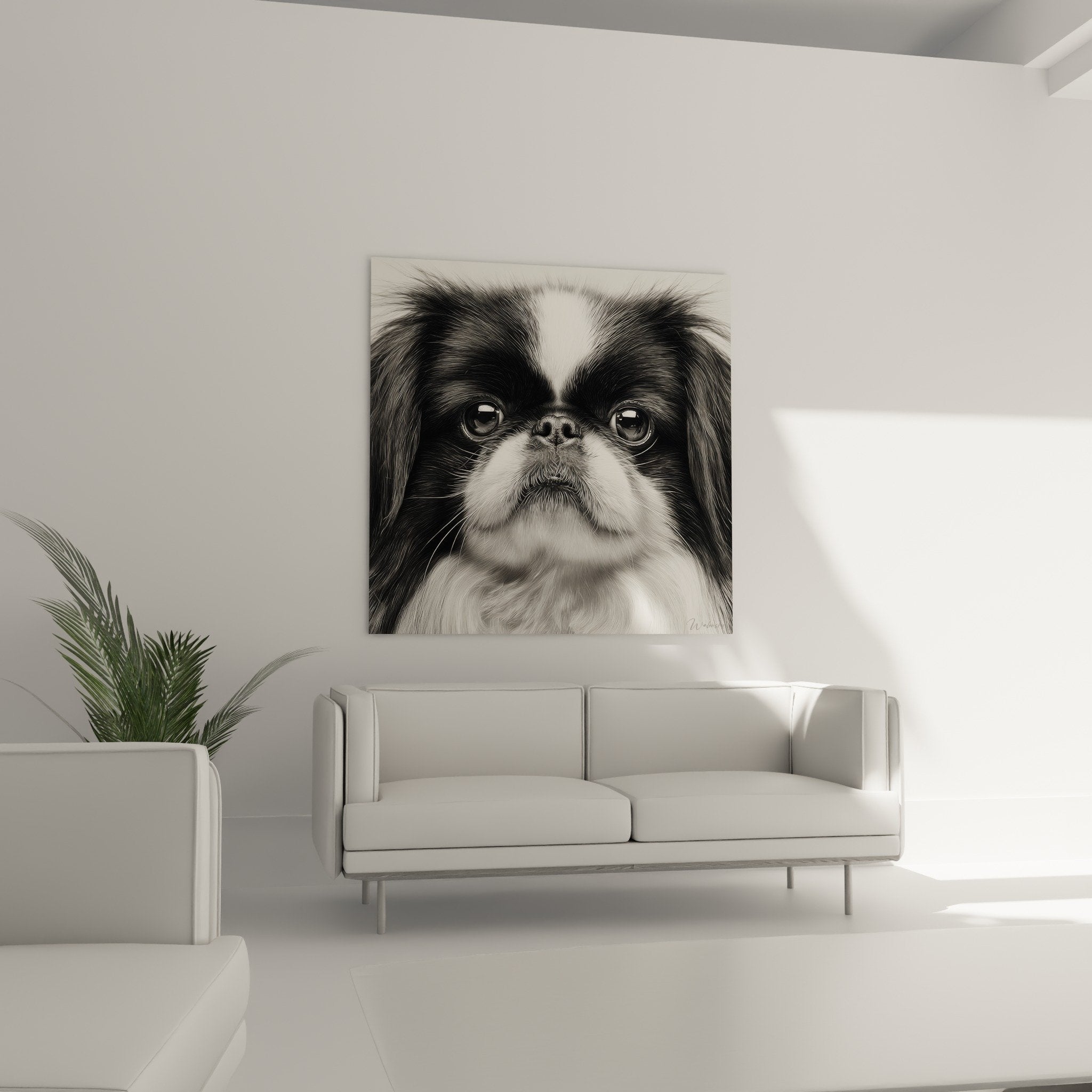 Gros plan portrait Pékinois fourrure détaillée yeux profonds, technique monochrome réaliste art animalier