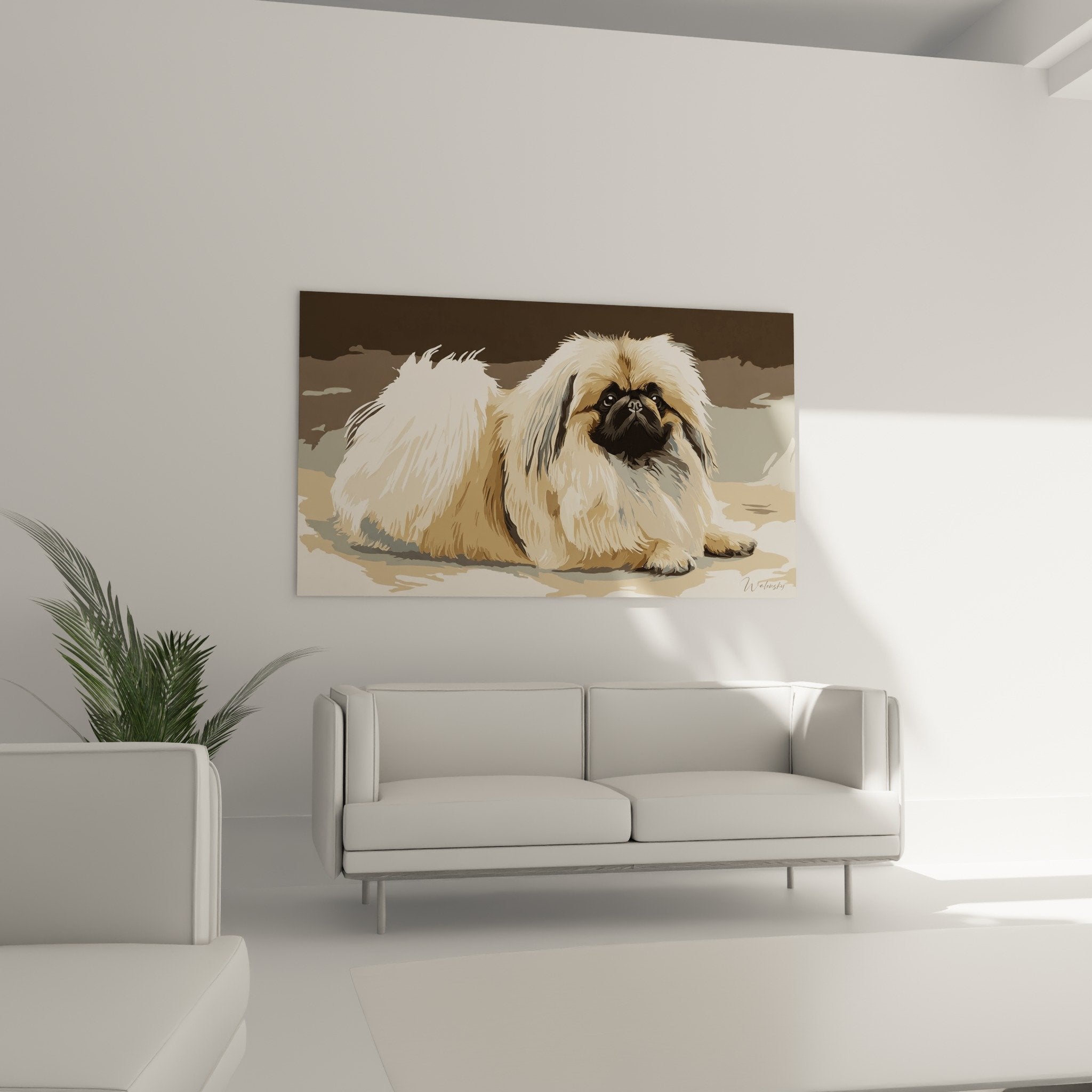 Gros plan tableau pékinois aux yeux expressifs, détails pelage beige doré et texture soyeuse
