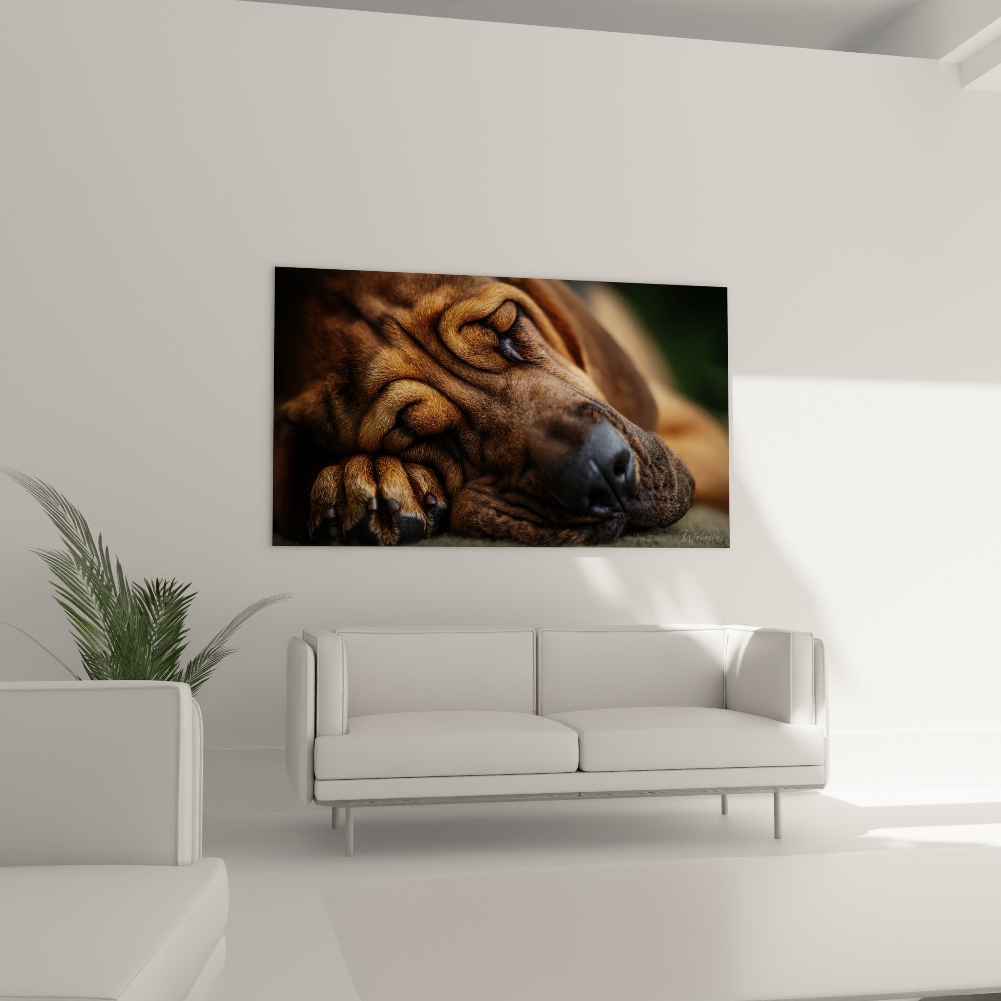 Gros plan sur pelage doré et museau détendu du chien bloodhound endormi