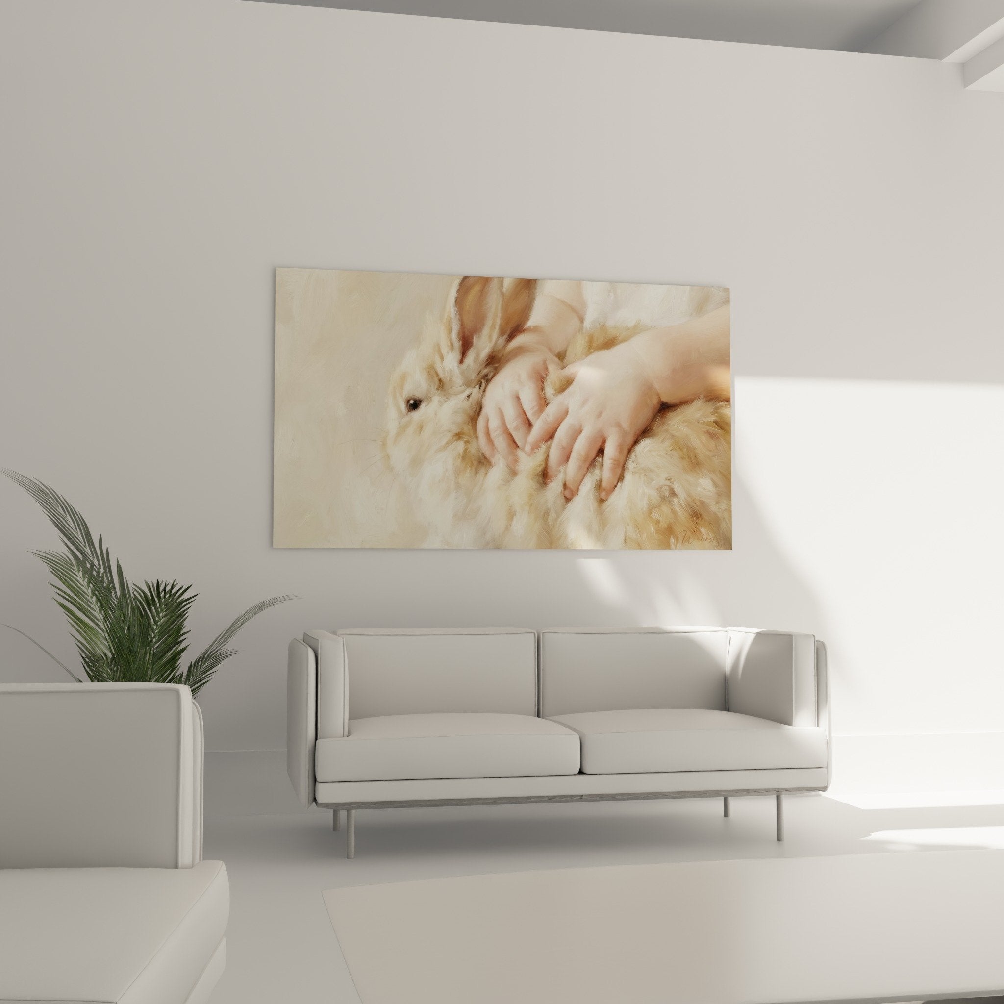 Nahaufnahme Gemälde zarte Hände Kaninchenfell weiche Textur cremefarbene beige künstlerische Nuancen