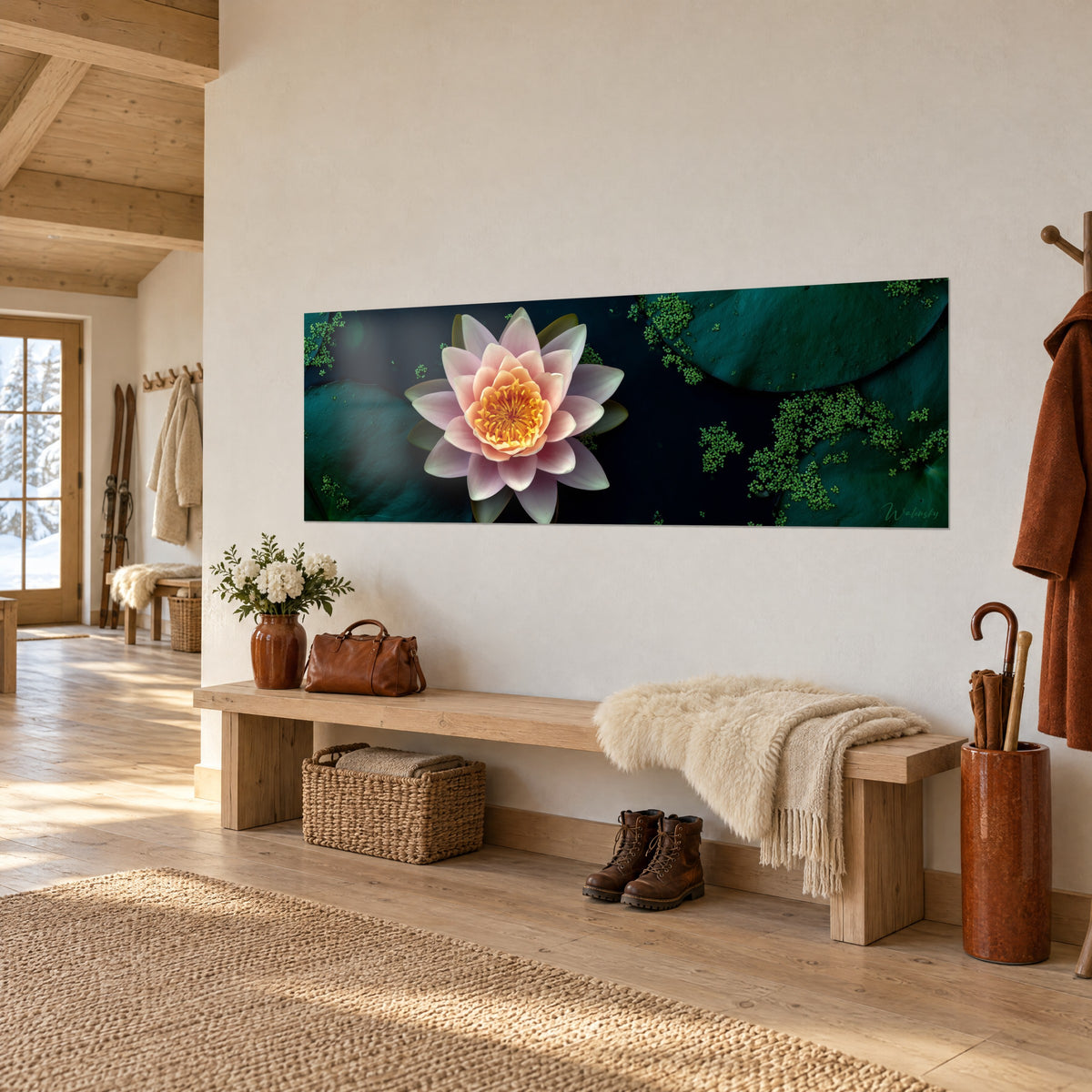 Quadro di ninfea rosa e zafferano che galleggia tra lenticchie d'acqua verdi, vista di tre quarti, parete bianca di un ingresso di chalet