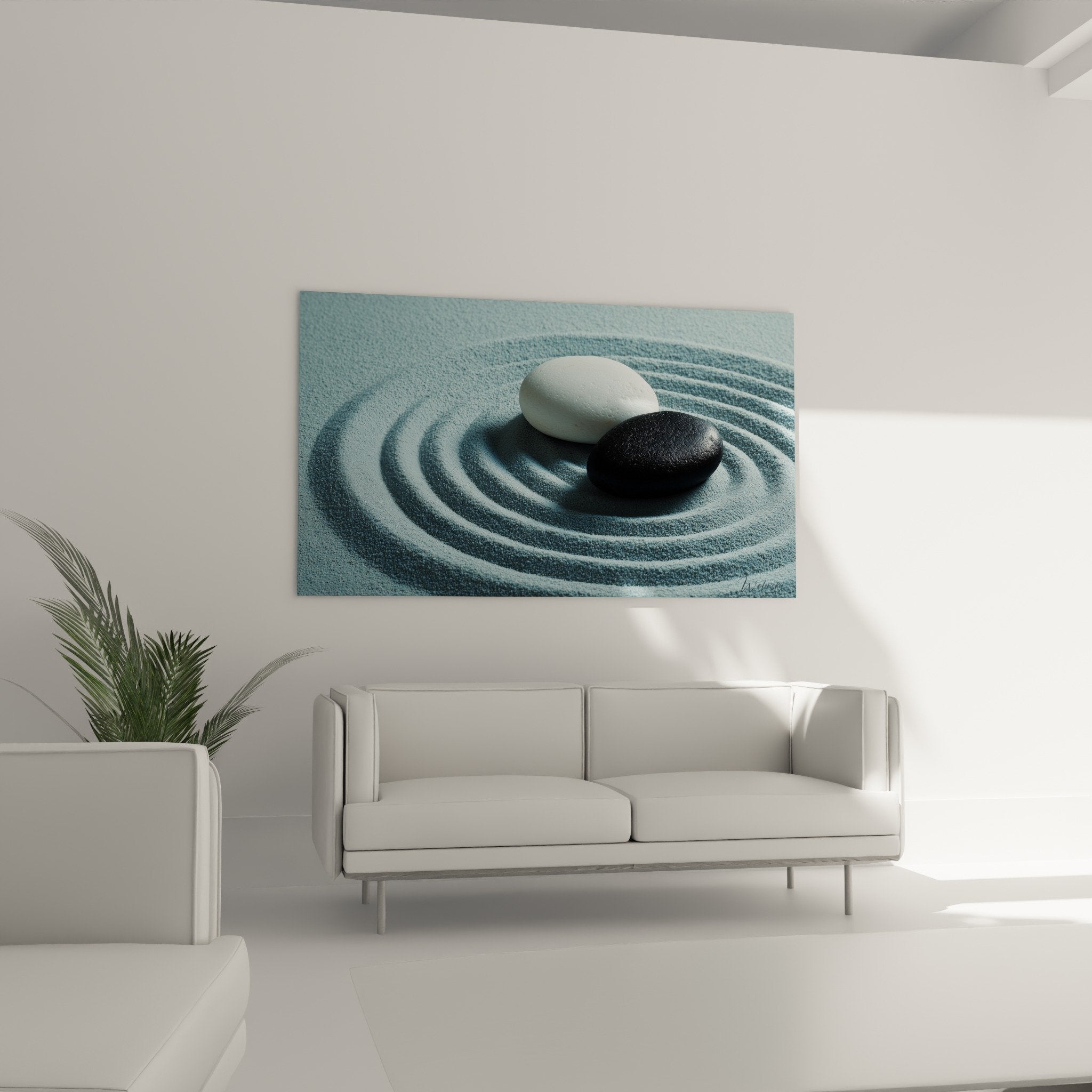 Gros plan pierres yin yang noires blanches sable texture cercles zen meditation art mural
