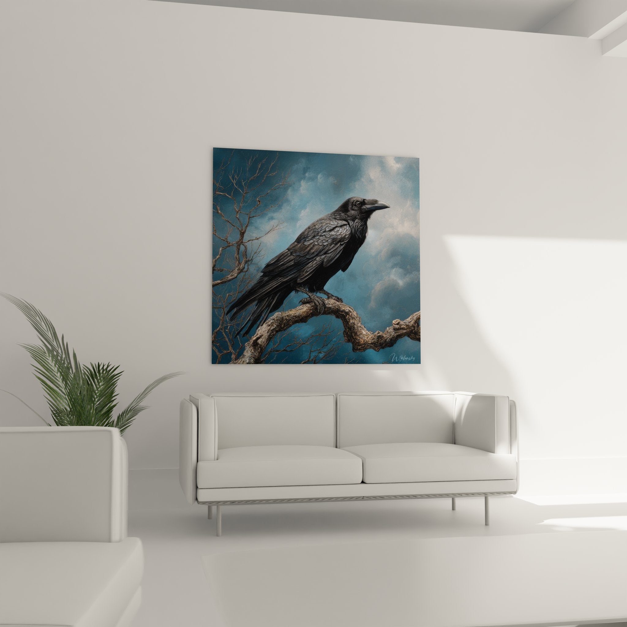 Gros plan détaillé du plumage noir corbeau et bec puissant dans peinture réaliste