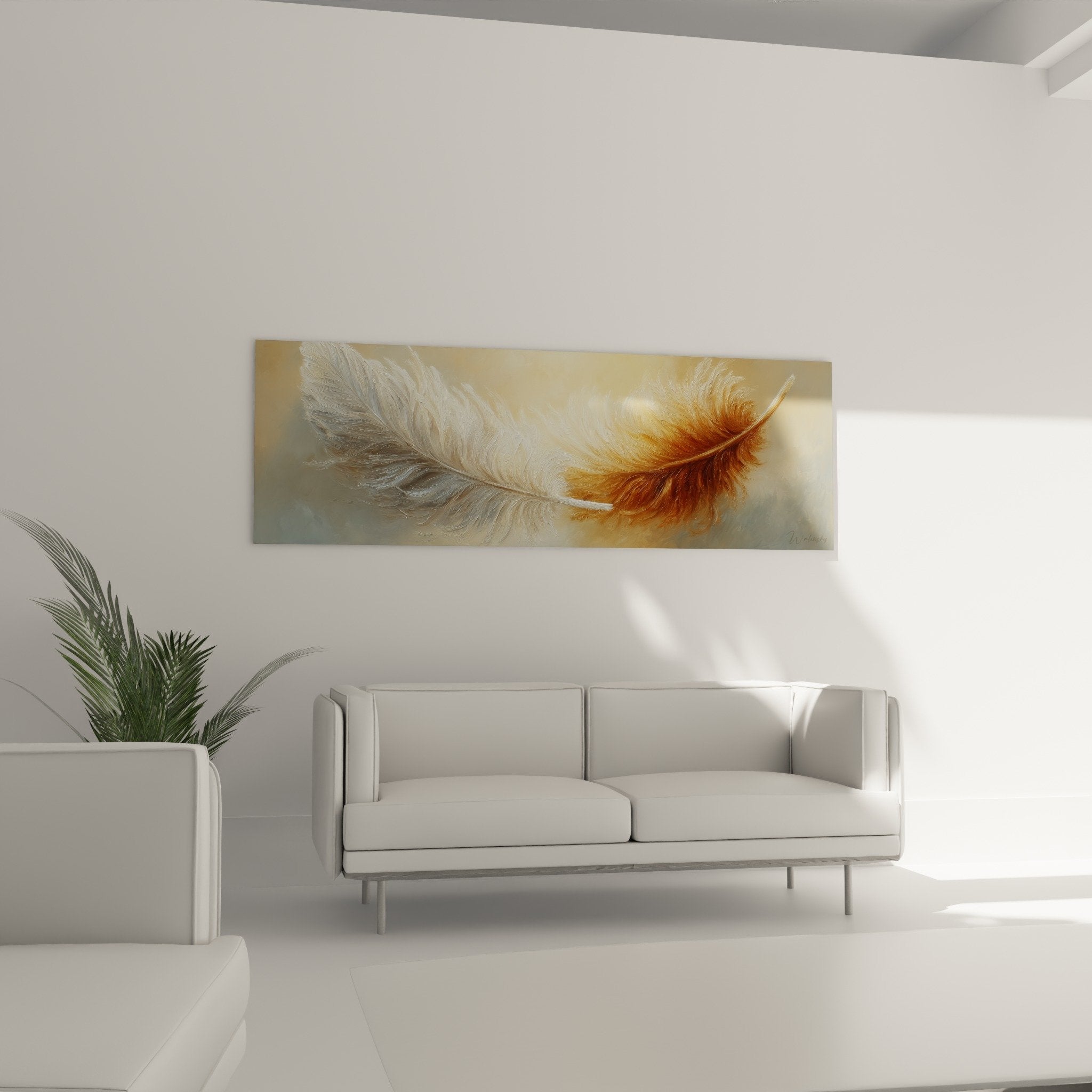 close-up feather with golden and white gradients fluffy texture realistic artistic detail