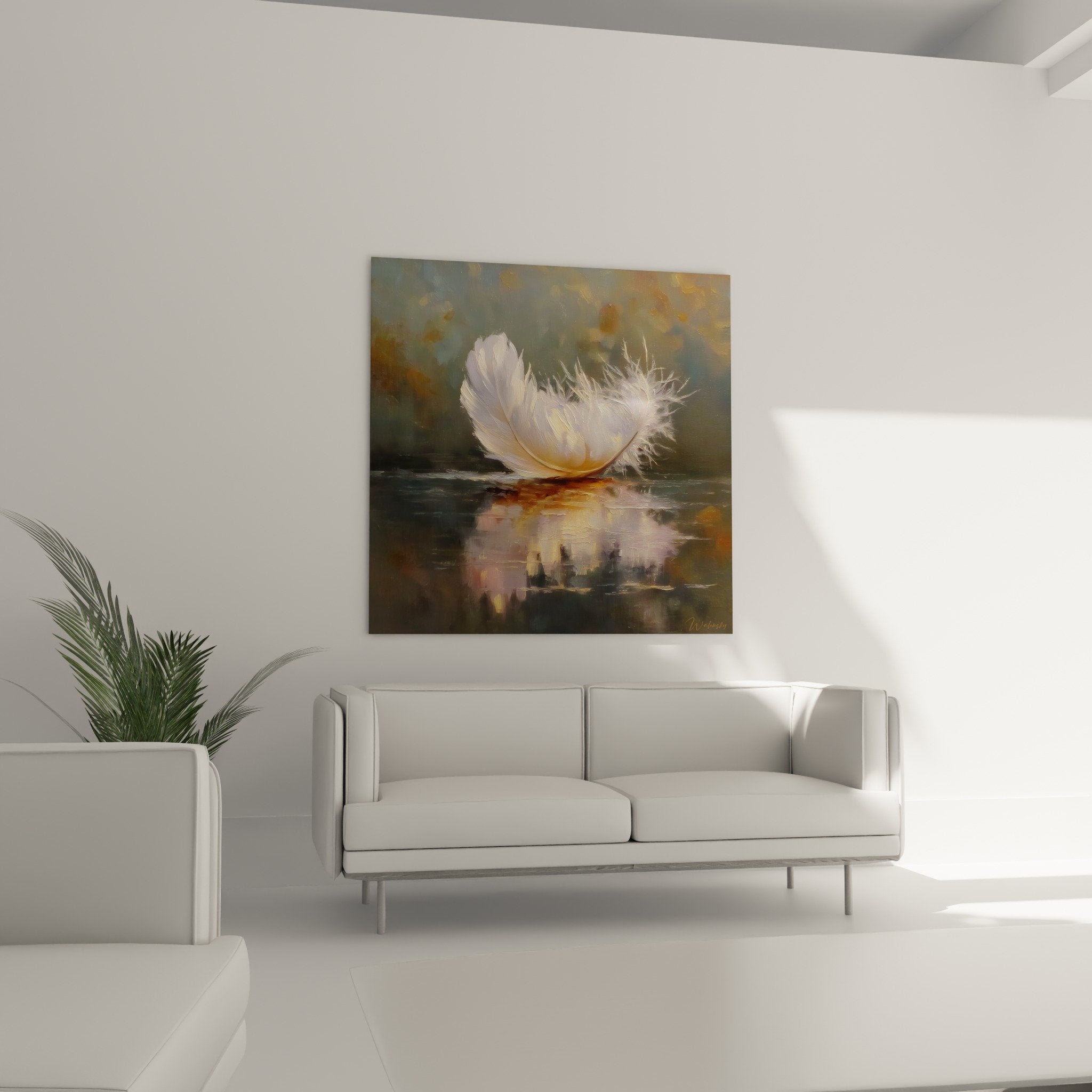 Close-up white iridescent feather soft silky texture delicate barbs golden highlights dark water artistic painting