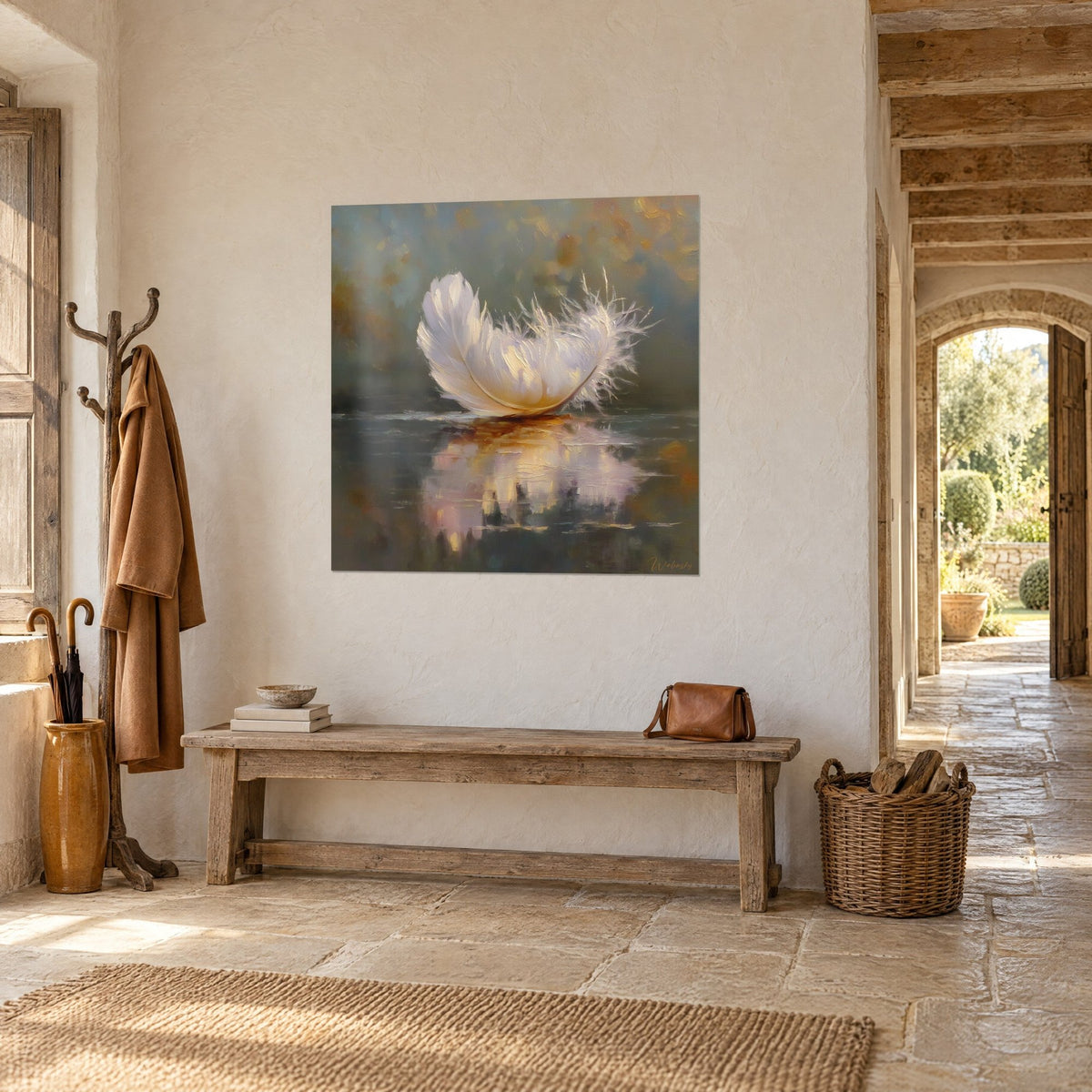 Wall art pearly down resting on a grey-green pond, amber and soft pink reflection, facing a stone corridor with its open arch