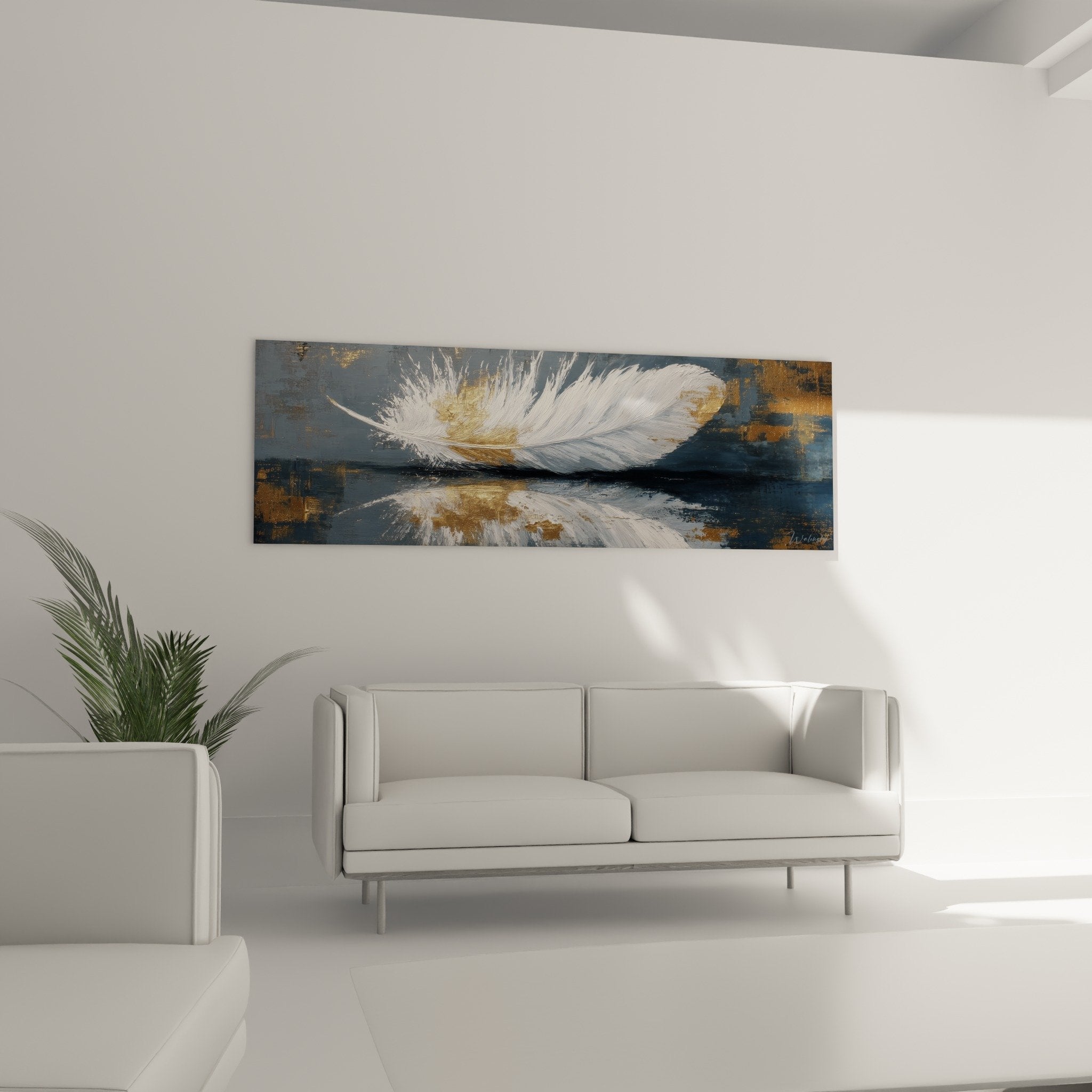 Close-up white feather golden accents mirror reflection soft blue-gray background delicate texture