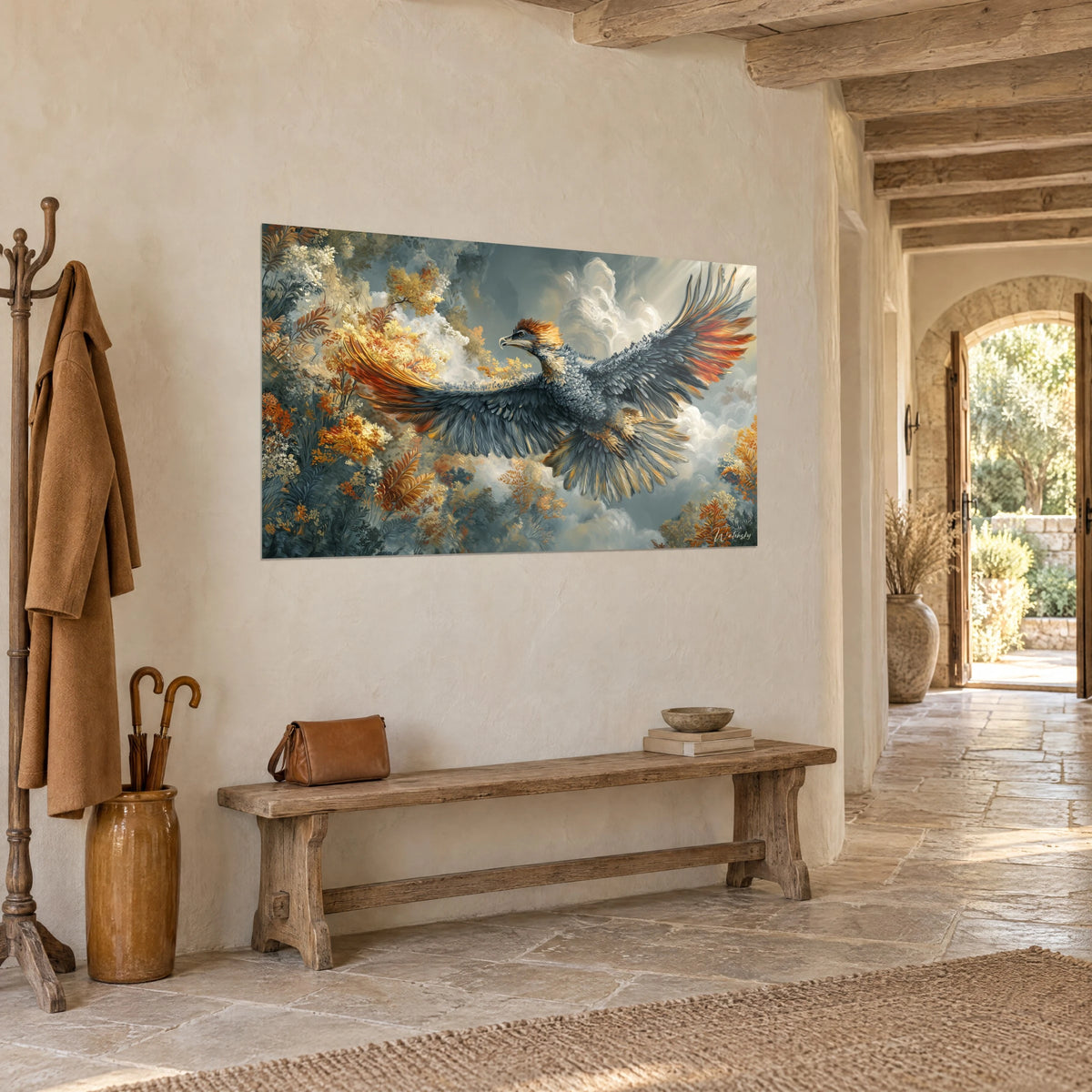 Quadro di un argentavis che plana tra un fogliame giallo zafferano e ruggine, cielo grigio-azzurro, corridoio di pietra di una casa di campagna