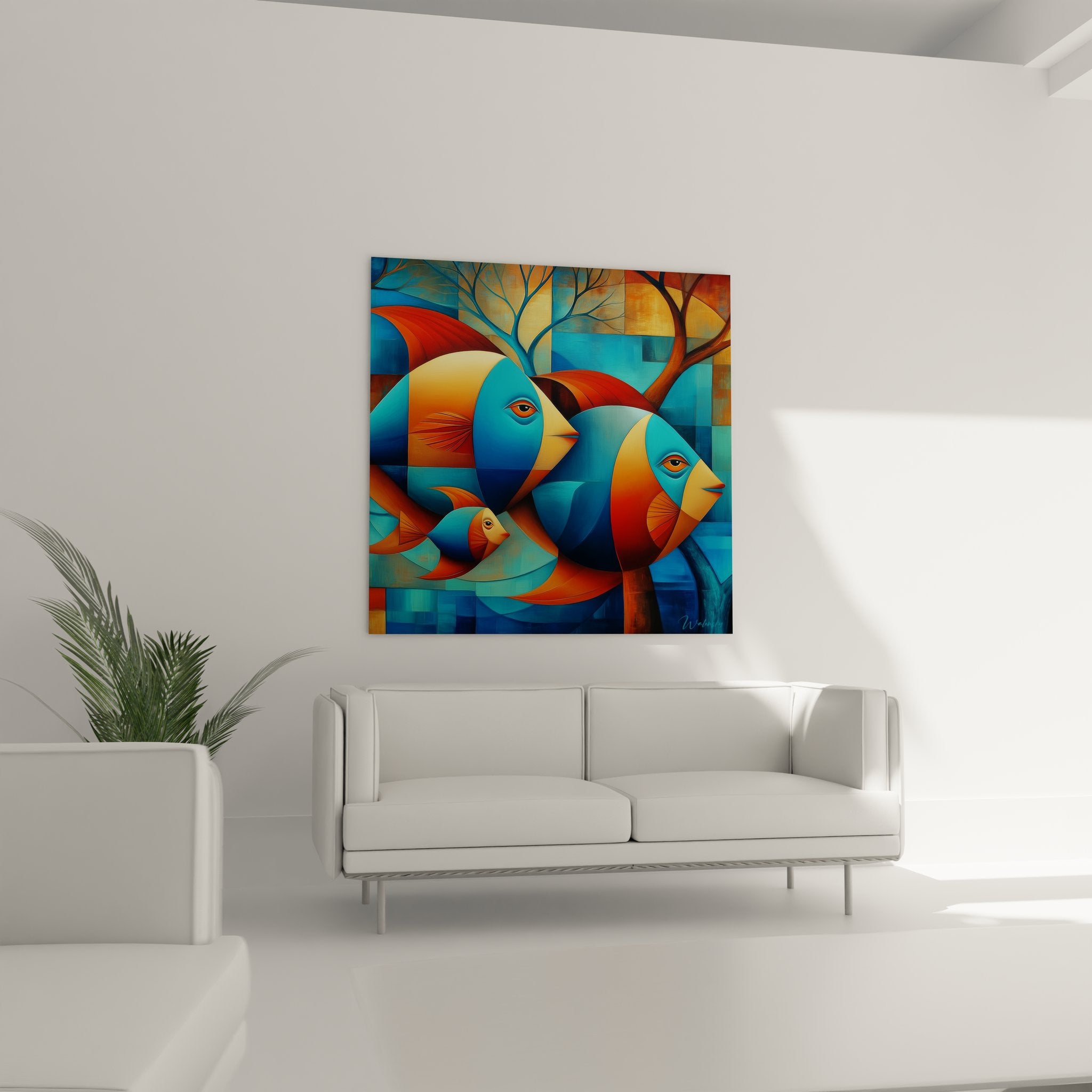 Gros plan détails poissons cubistes peinture géométrique couleurs turquoise orange art mural