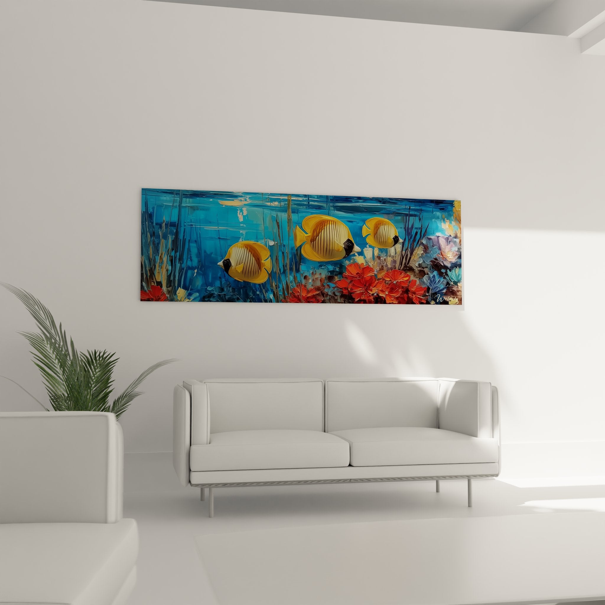 Gros plan détaillé poissons papillons dorés rayures noires art mural fonds marins premium