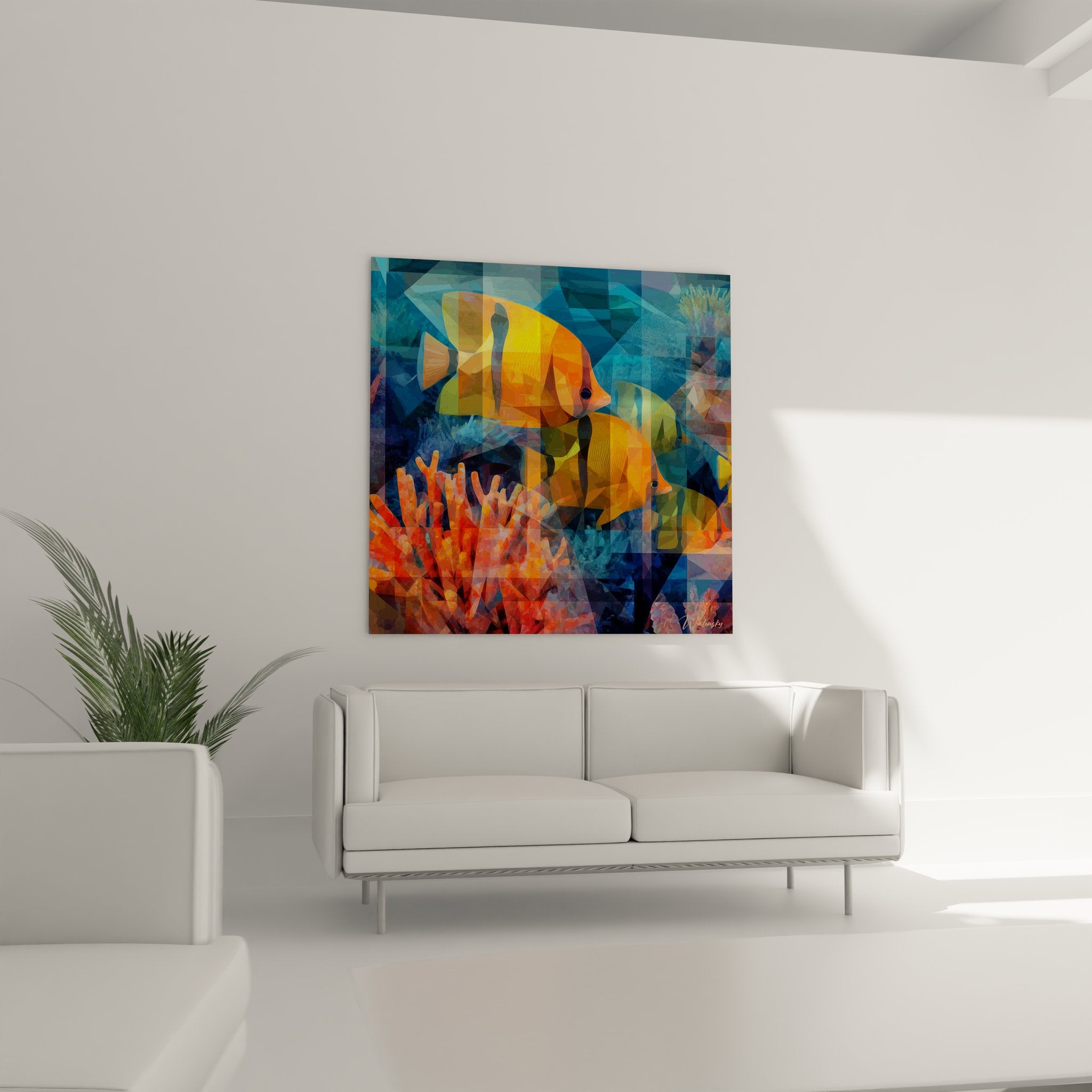 Gros plan tableau poissons tropicaux stylisés formes polygonales orange et bleu détaillées