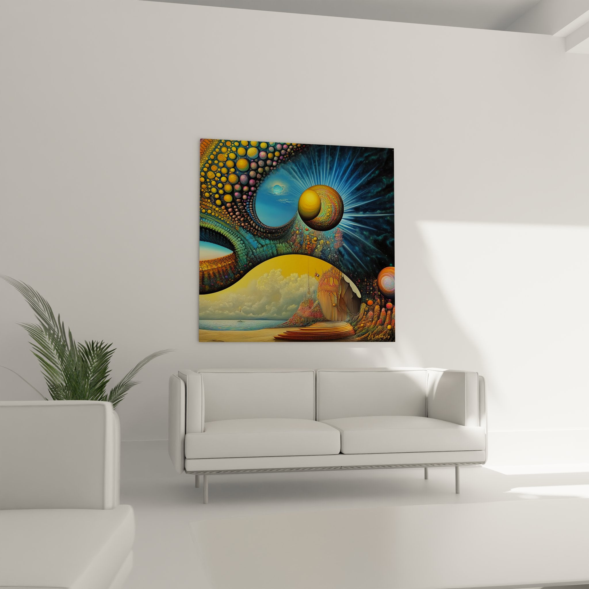 Gros plan portail dimensionnel surréaliste avec mosaïque de sphères colorées abstraites