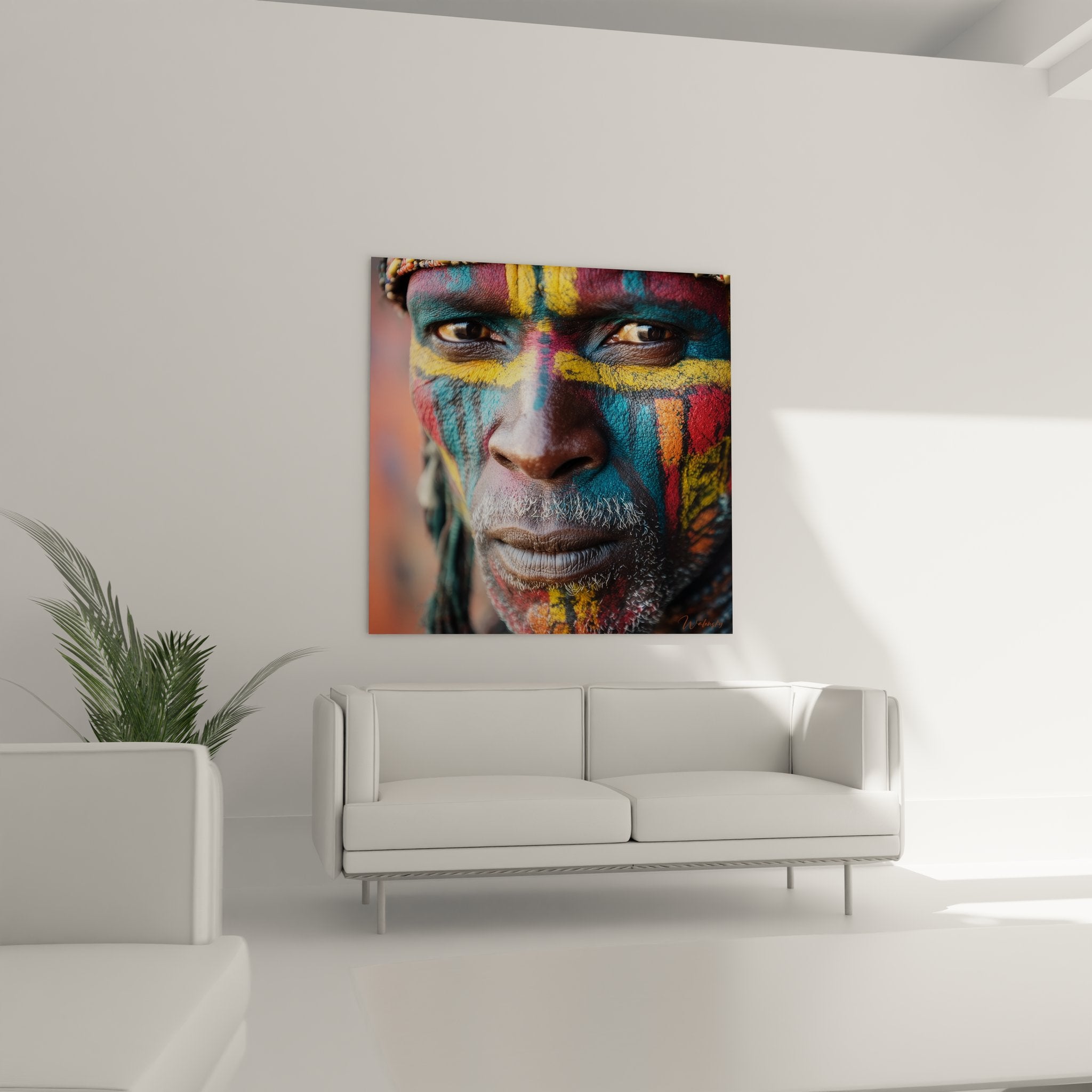 Gros plan tableau portrait africain motifs géométriques peinture tribale détails artistiques