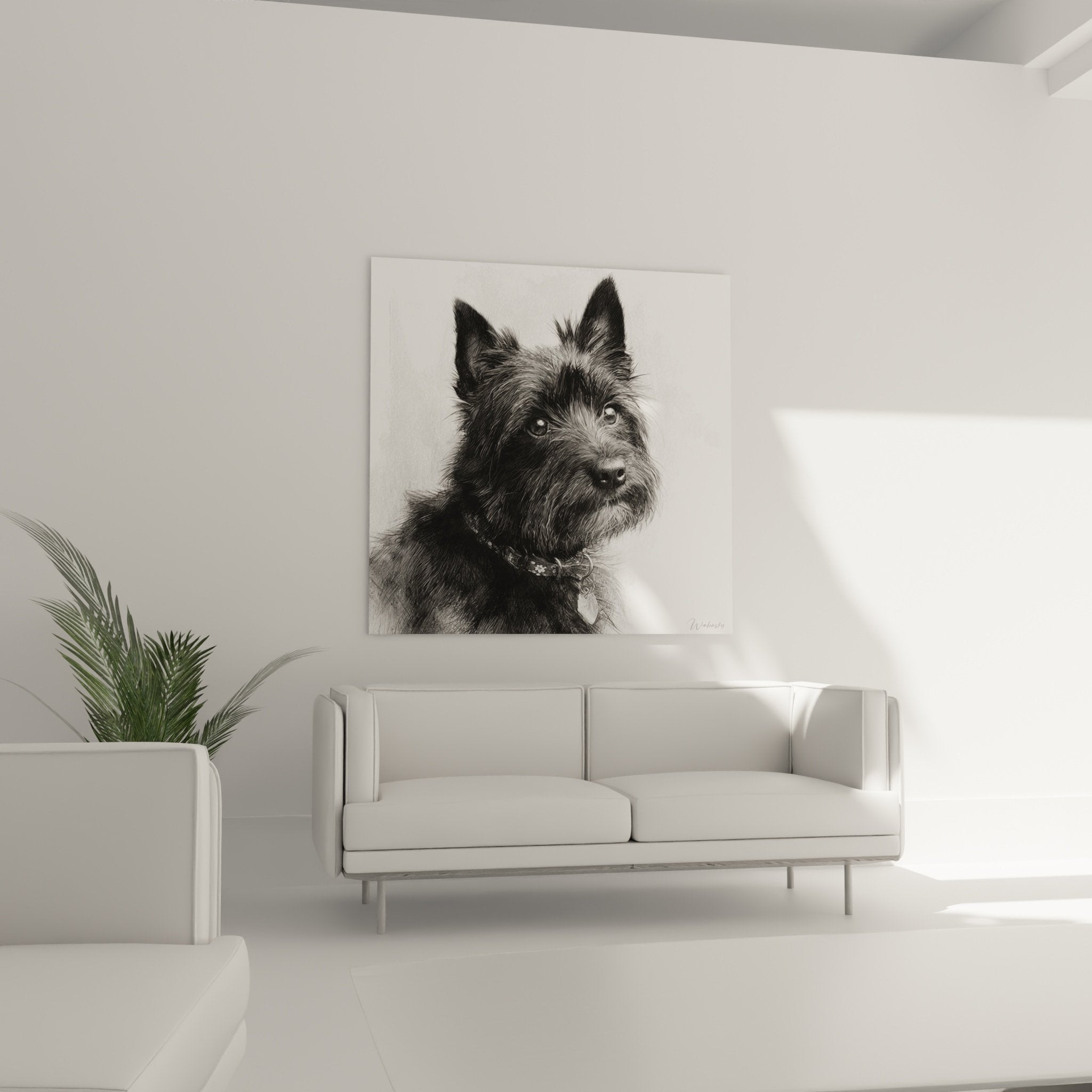 Nahaufnahme Porträt Cairn Terrier Bleistiftzeichnung Details Fell Textur glänzende Augen